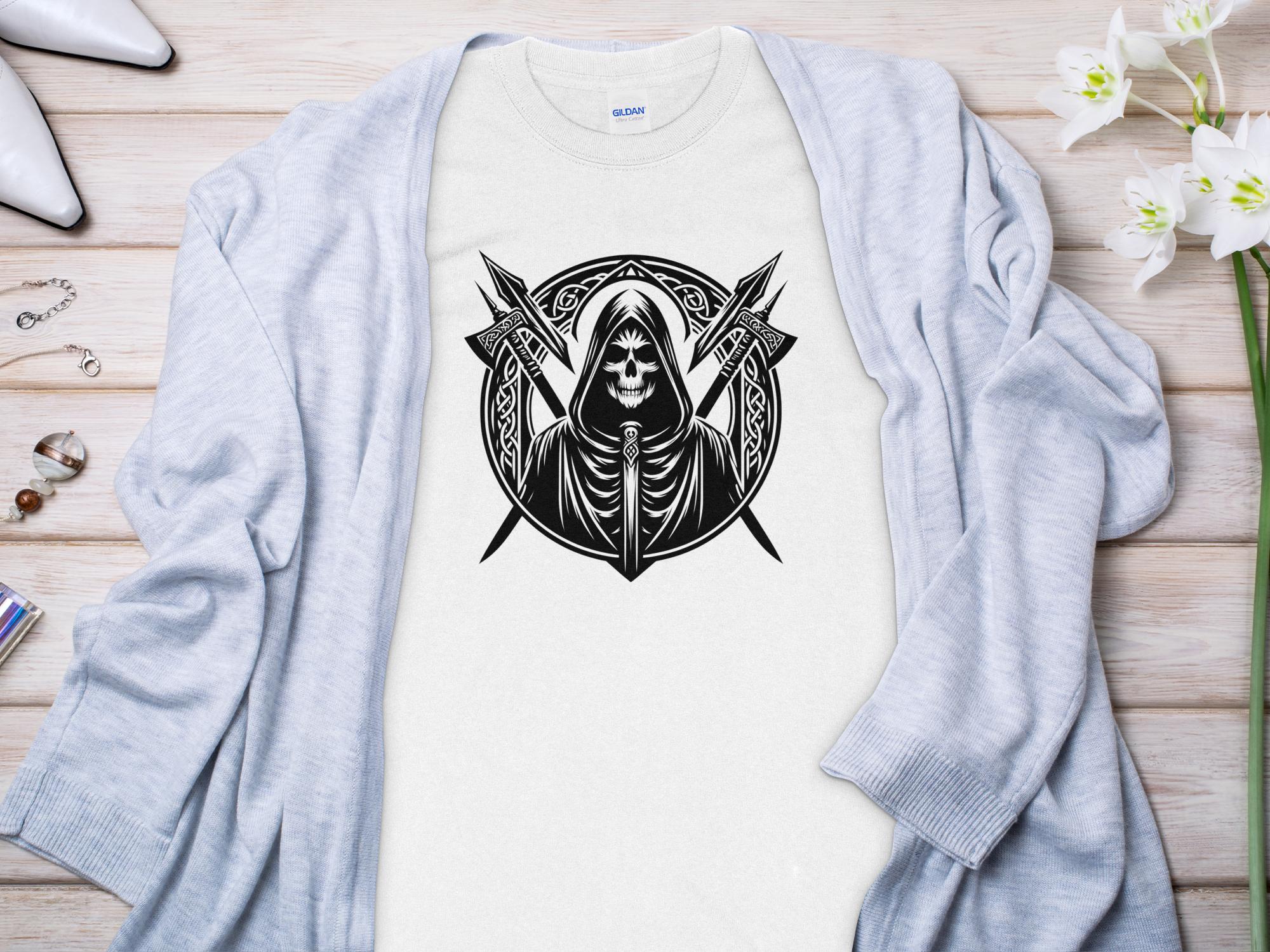 Grim Reaper - Black White Gildan Long Sleeve Commemorative Talisman Unisex Tee Graphic Design