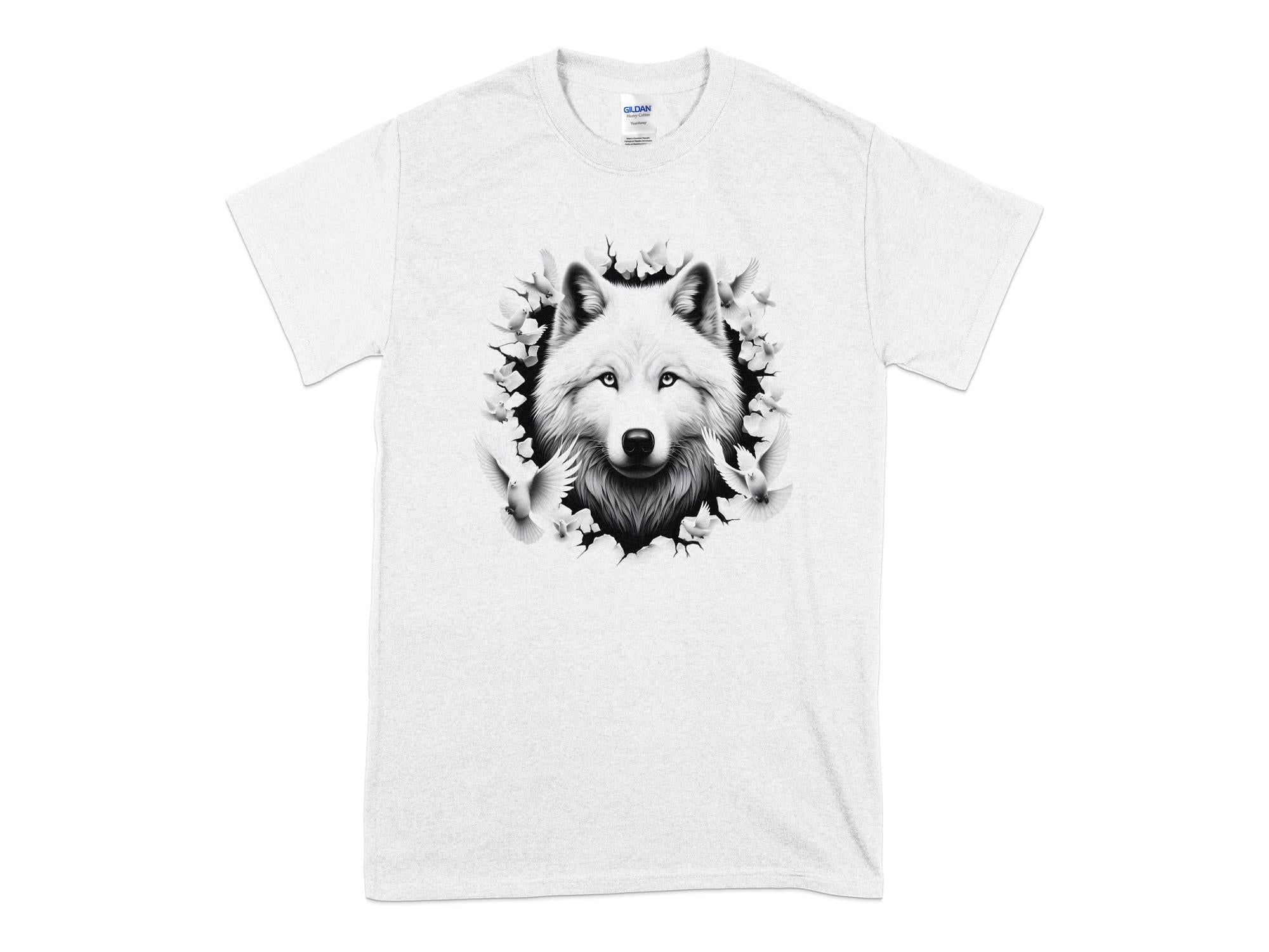 Wolf x Doves - Black White Gildan T-Shirt Realistic Animal Talisman Unisex Tee Graphic Design