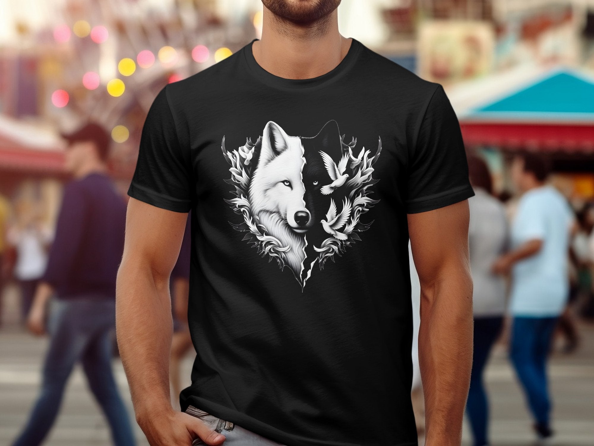 Wolf x Doves - Black White Gildan T-Shirt Realistic Animal Talisman Unisex Tee Graphic Design