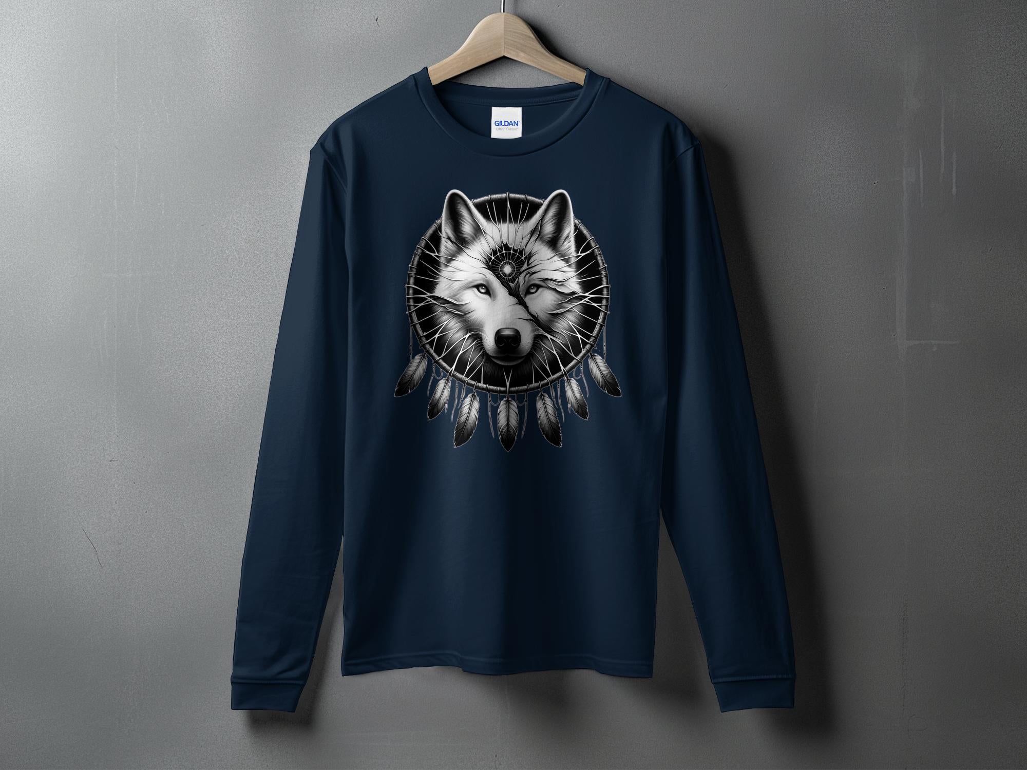 Dreamcatcher Wolf - Coloured Gildan Long Sleeve Realistic Native American Talisman Unisex Mythology Tee Graphic Design