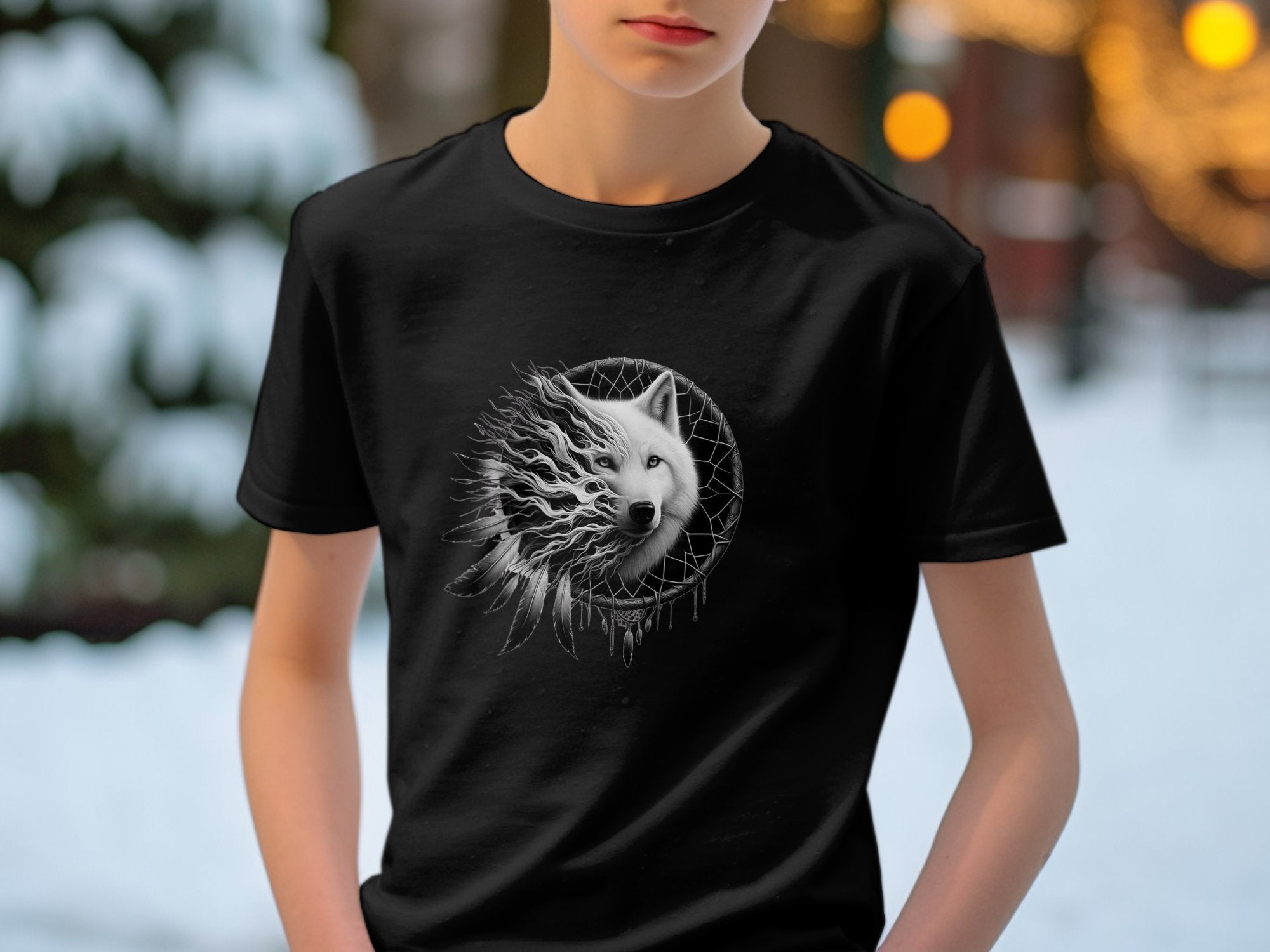 Dreamcatcher Wolf - Coloured Gildan Kids T-Shirt Realistic Native American Talisman Unisex Mythology Tee Graphic Design