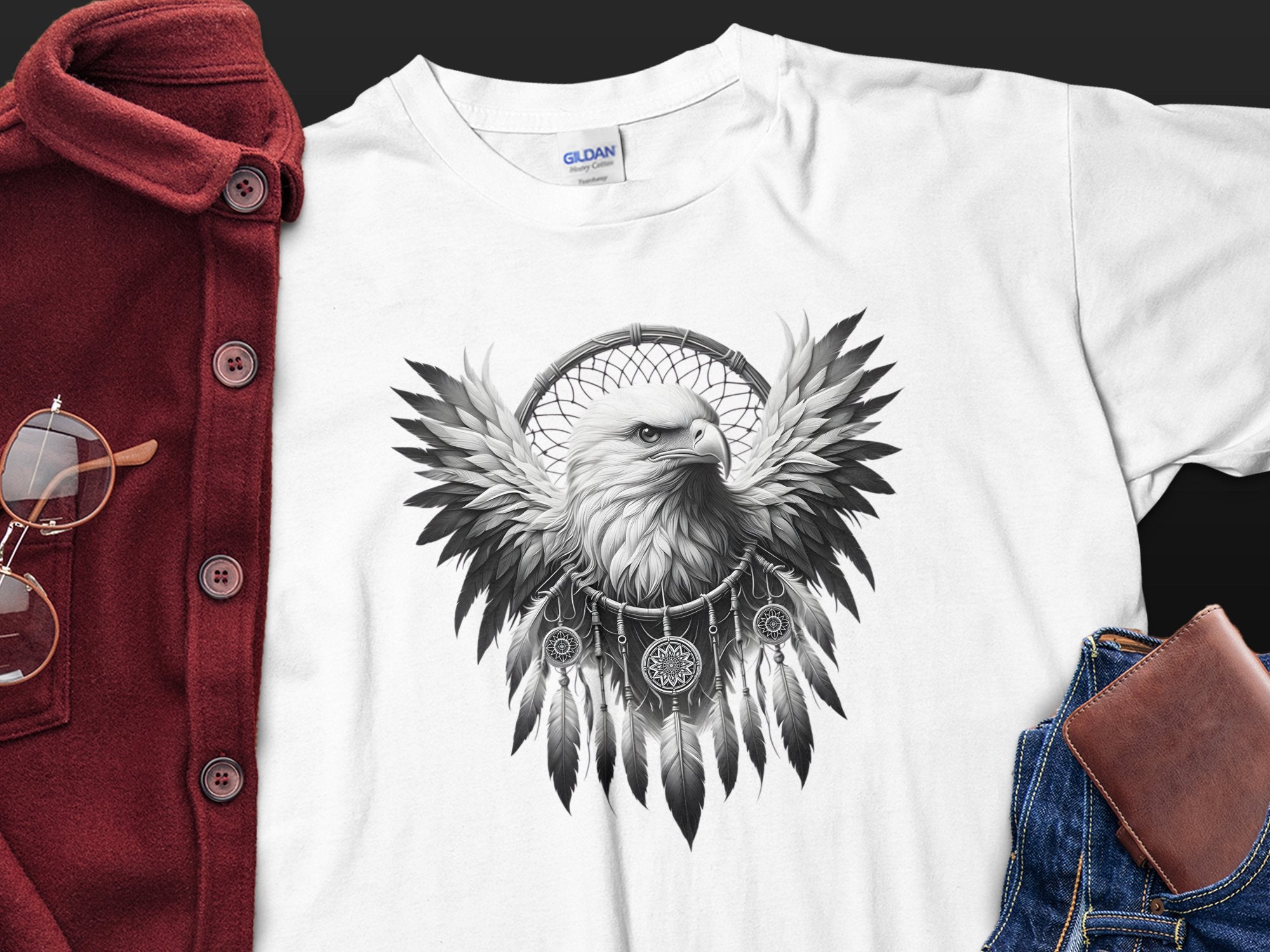 Dreamcatcher Eagle - Coloured Gildan T-Shirt Realistic Native American Talisman Unisex Mythology Tee Graphic Design