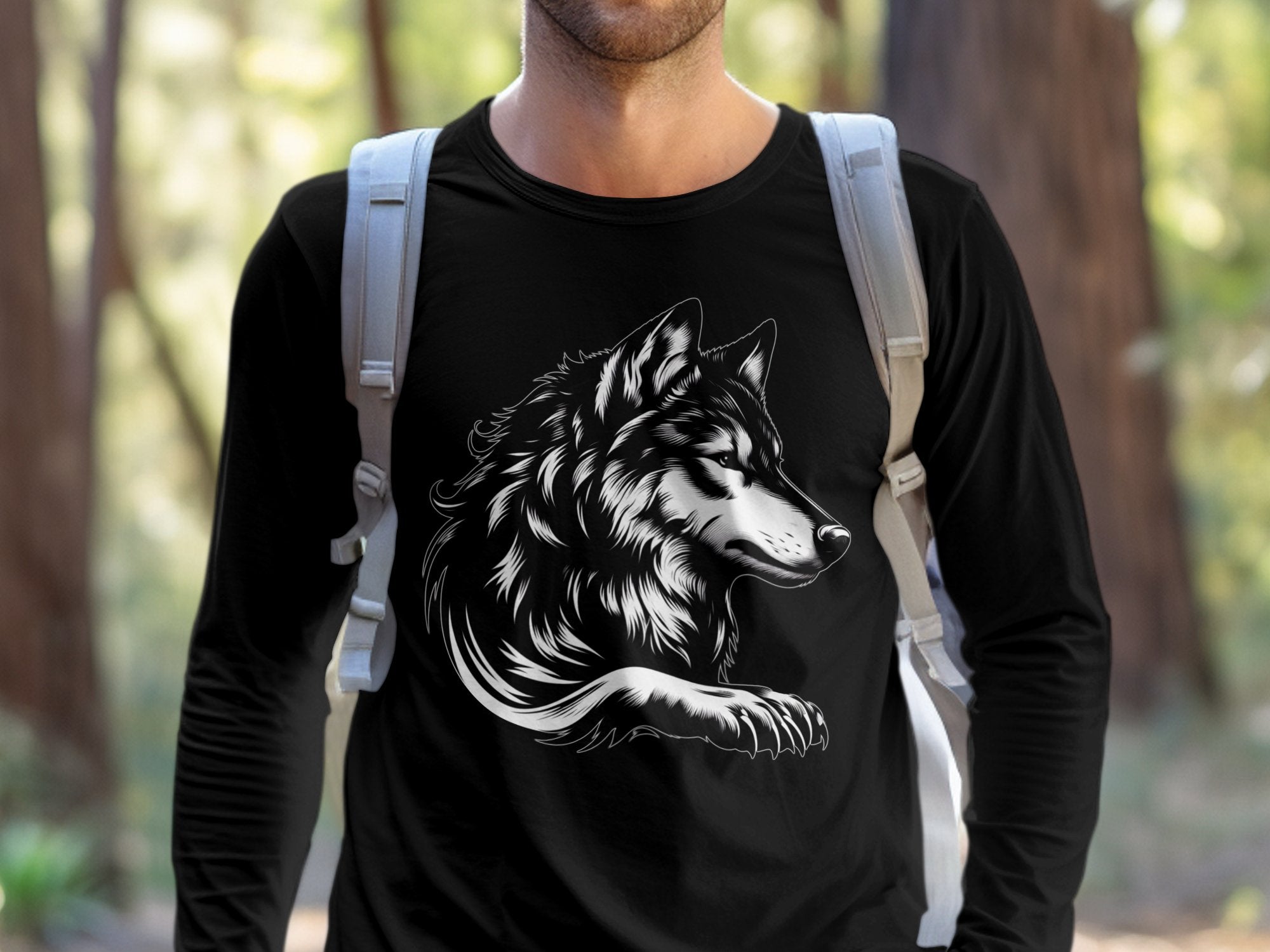 Wolf Tribal - Black White Gildan Long Sleeve Realistic Animal Talisman Unisex Tee Graphic Design