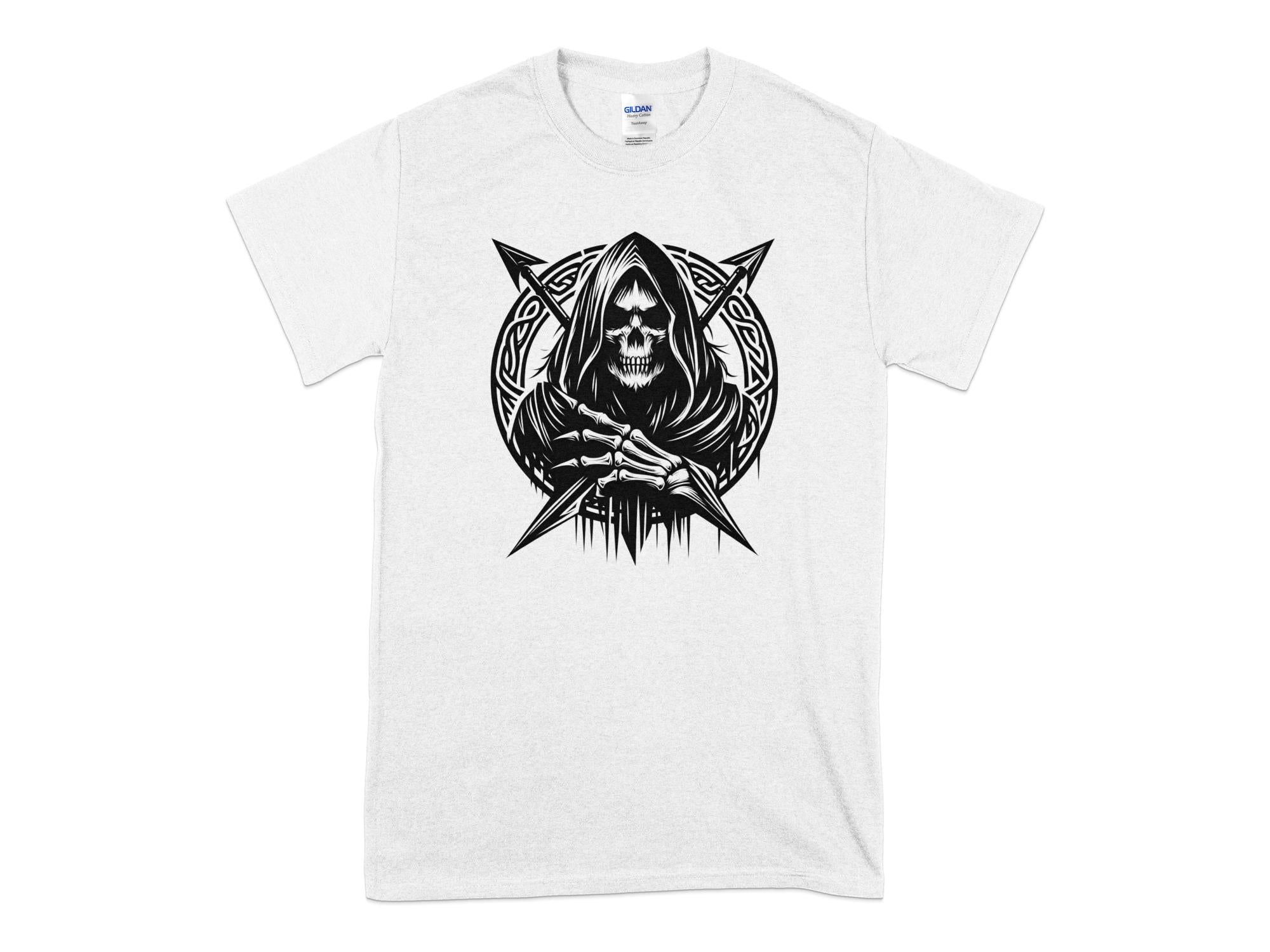 Grim Reaper - Black White Gildan T-Shirt Commemorative Talisman Unisex Tee Graphic Design