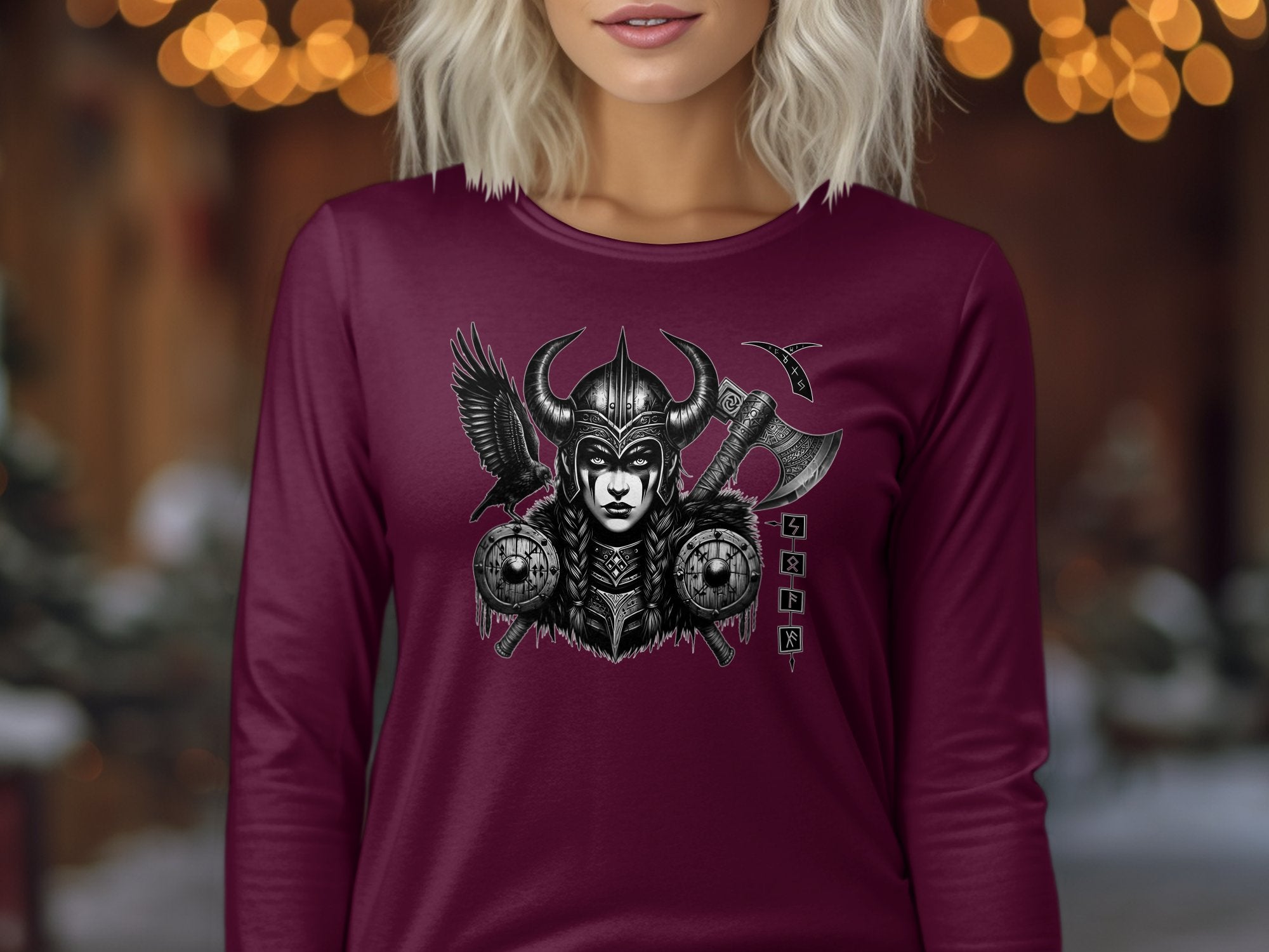 Viking Shield Maiden - Coloured Gildan Long Sleeve Realistic Norse Talisman Men Women Unisex Valhalla Tee Graphic Design