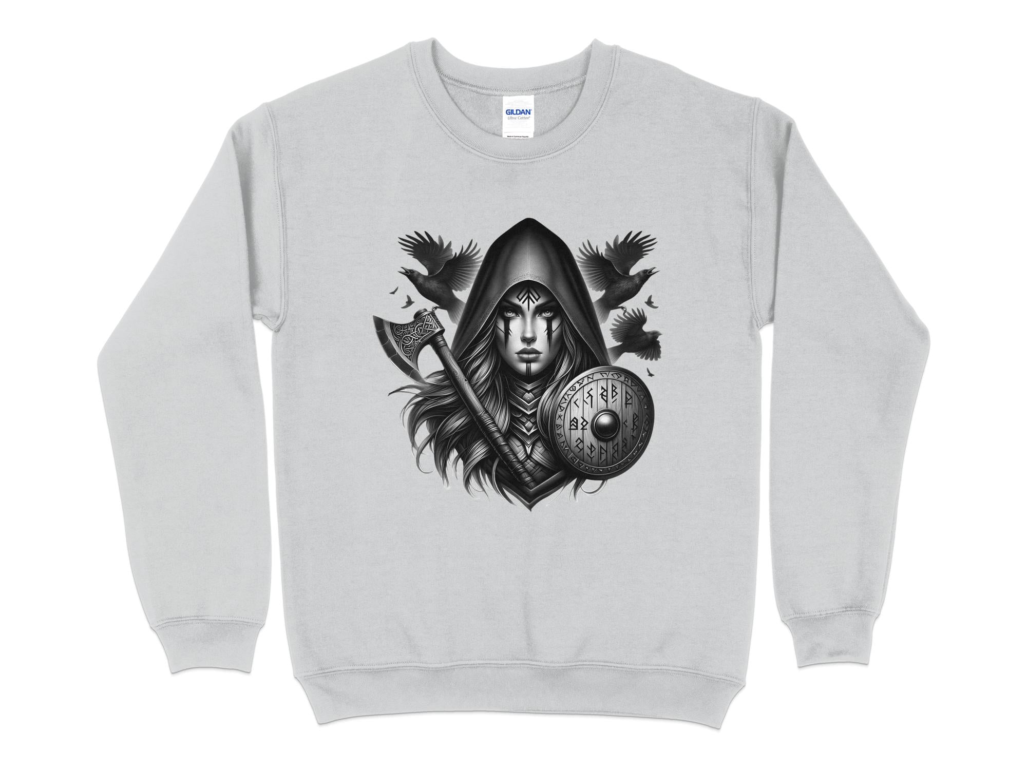 Viking Shield Maiden - Coloured Gildan Sweatshirt Realistic Norse Talisman Men Women Unisex Valhalla Tee Graphic Design