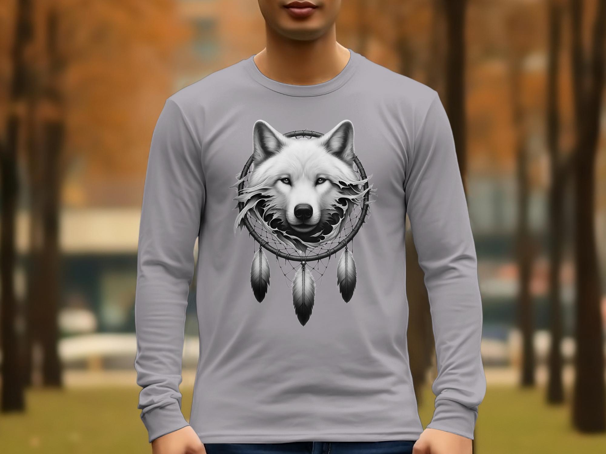 Dreamcatcher Wolf - Coloured Gildan Long Sleeve Realistic Native American Talisman Unisex Mythology Tee Graphic Design