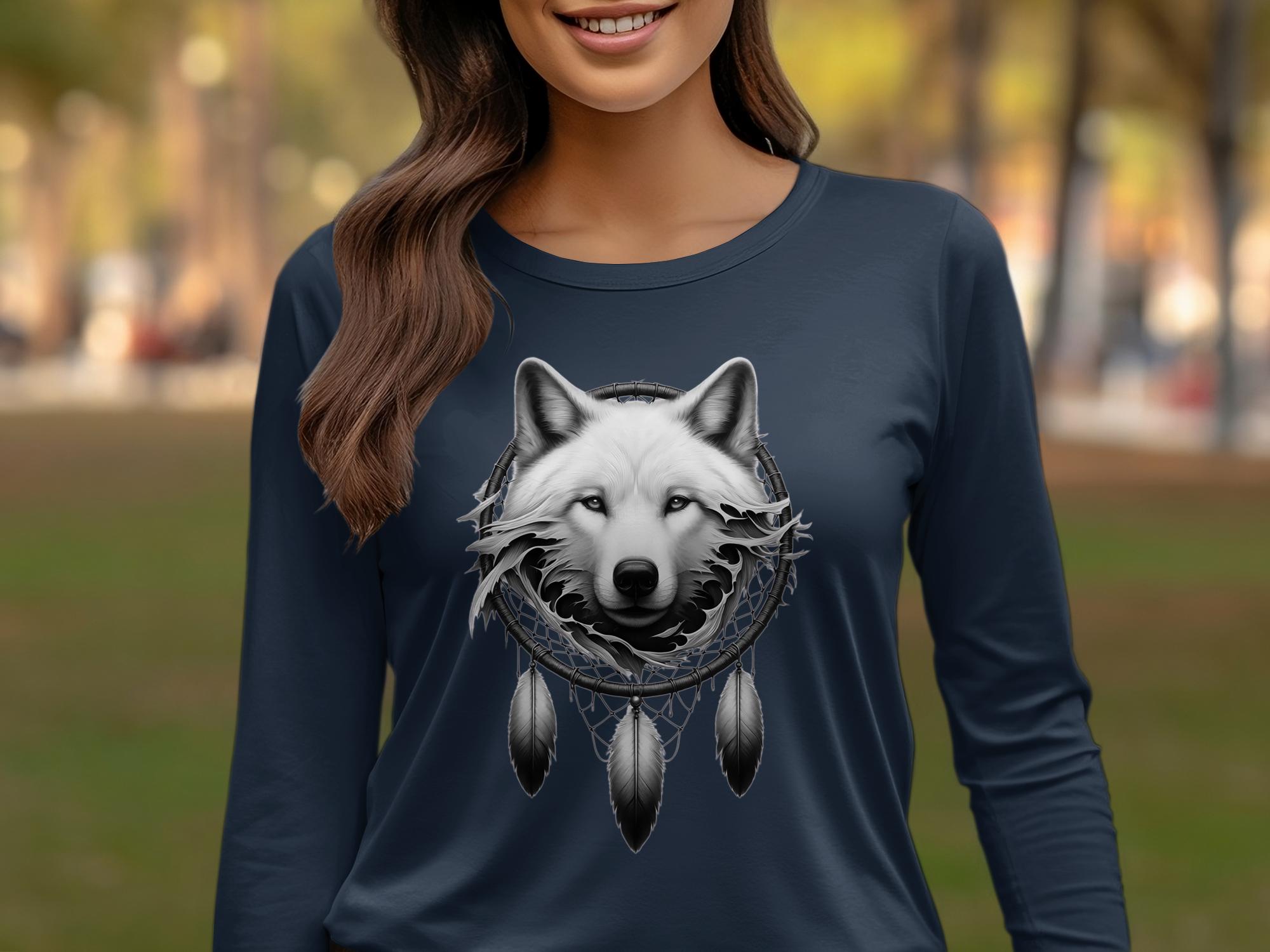 Dreamcatcher Wolf - Coloured Gildan Long Sleeve Realistic Native American Talisman Unisex Mythology Tee Graphic Design