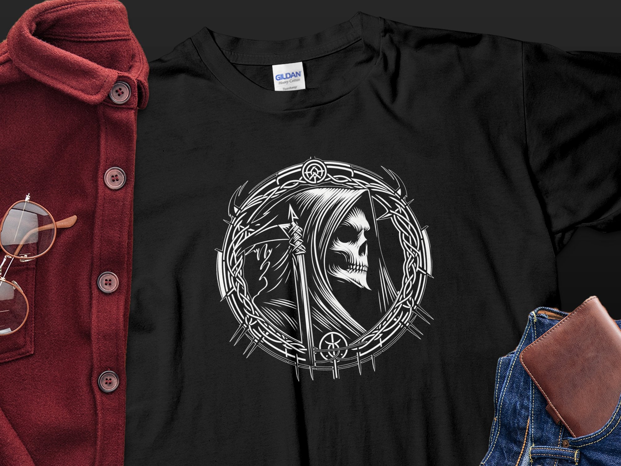 Grim Reaper - Black White Gildan T-Shirt Commemorative Talisman Unisex Tee Graphic Design