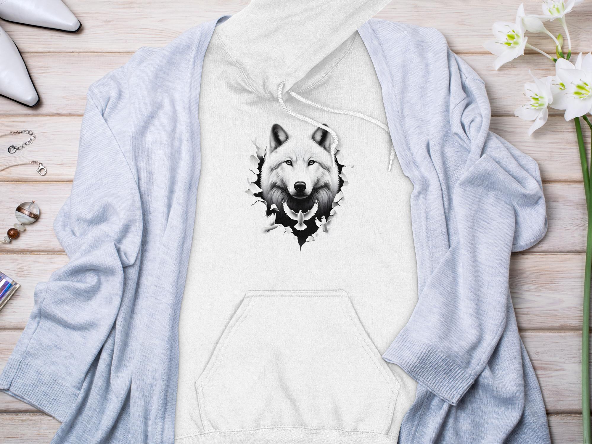 Wolf x Doves - Black White Gildan Hoodie Realistic Animal Talisman Unisex Tee Graphic Design