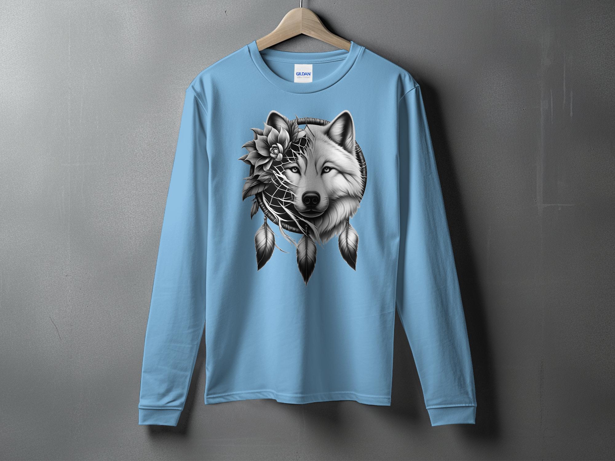 Dreamcatcher Wolf - Coloured Gildan Long Sleeve Realistic Native American Talisman Unisex Mythology Tee Graphic Design