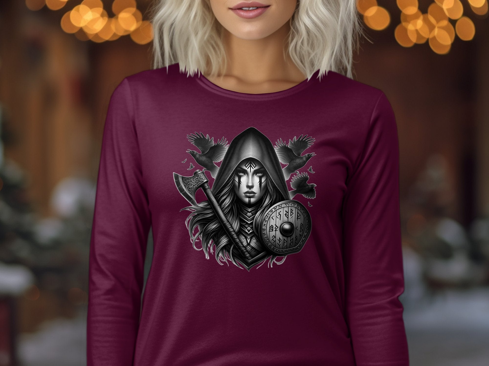 Viking Shield Maiden - Coloured Gildan Long Sleeve Realistic Norse Talisman Men Women Unisex Valhalla Tee Graphic Design