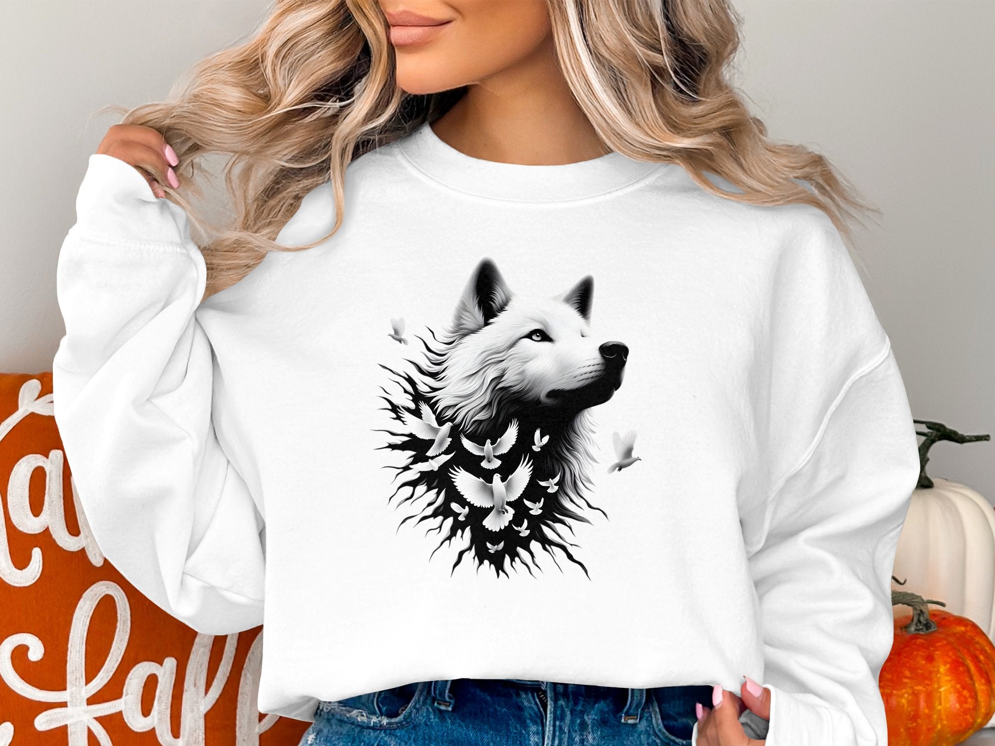 Wolf x Doves - Black White Gildan Sweatshirt Realistic Animal Talisman Unisex Tee Graphic Design