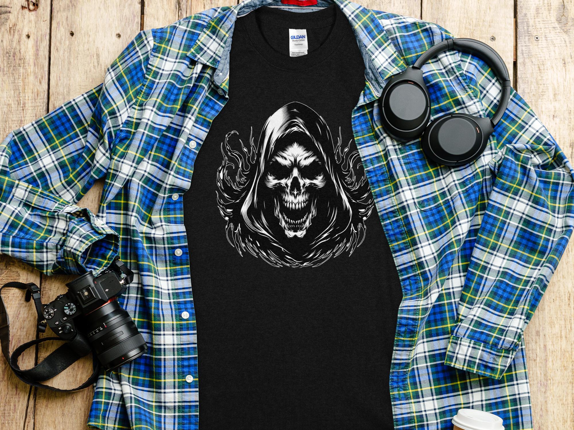 Grim Reaper - Black White Gildan T-Shirt Commemorative Talisman Unisex Tee Graphic Design