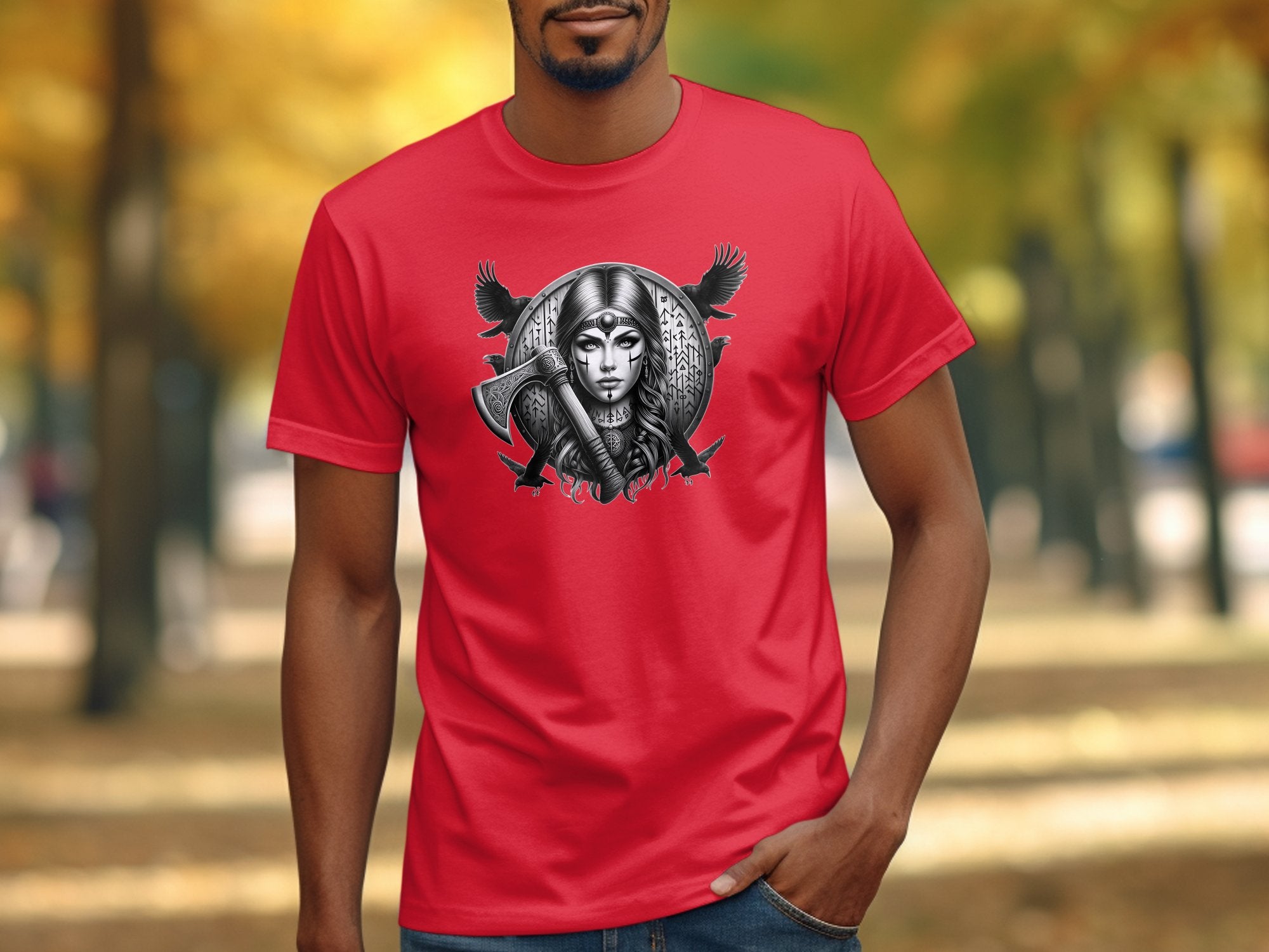 Viking Shield Maiden - Coloured Gildan T Shirt Realistic Norse Talisman Men Women Unisex Valhalla Tee Graphic Design