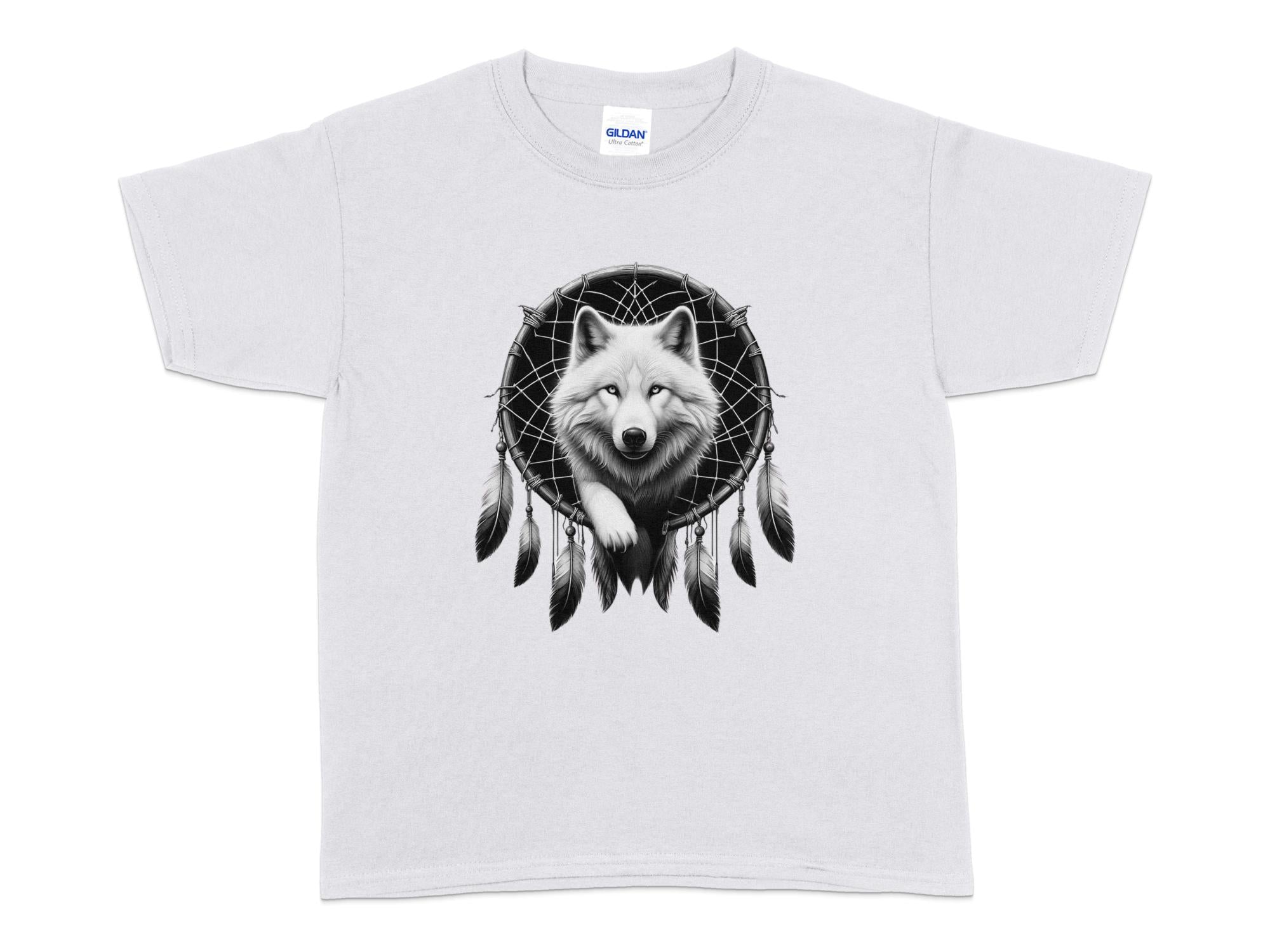 Dreamcatcher Wolf - Coloured Gildan Kids T-Shirt Realistic Native American Talisman Unisex Mythology Tee Graphic Design