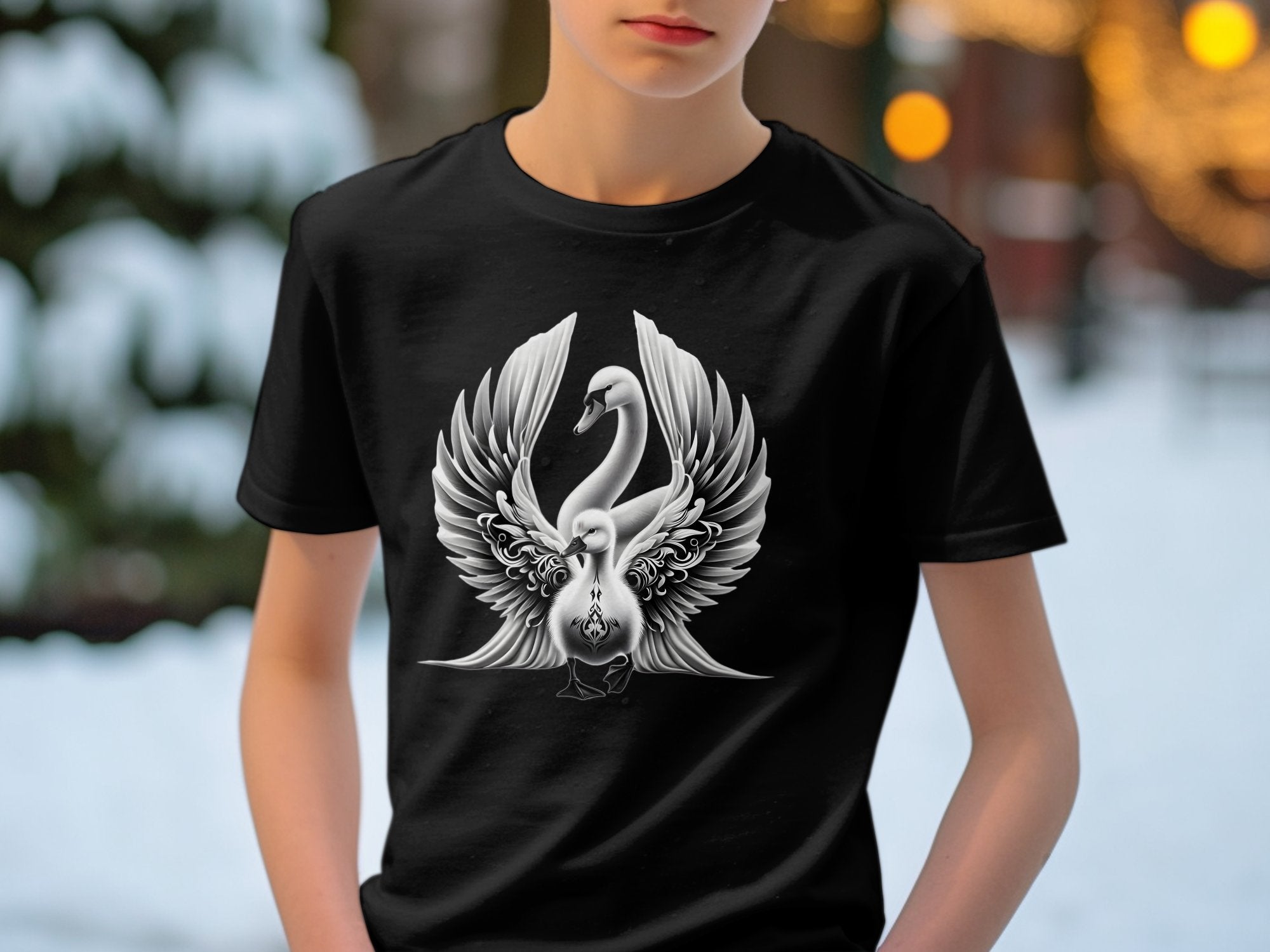 Swan & Cygnet- Black White Gildan Kids T-Shirt Realistic Family Talisman Unisex Tee Graphic Design