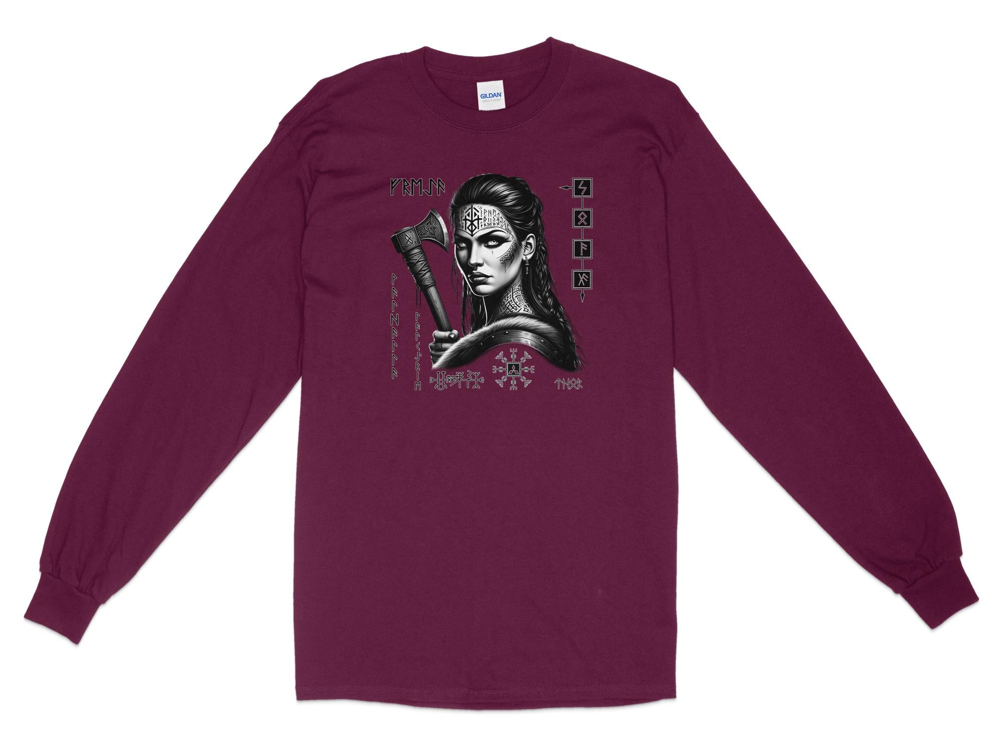 Viking Shield Maiden - Coloured Gildan Long Sleeve Realistic Norse Talisman Men Women Unisex Valhalla Tee Graphic Design