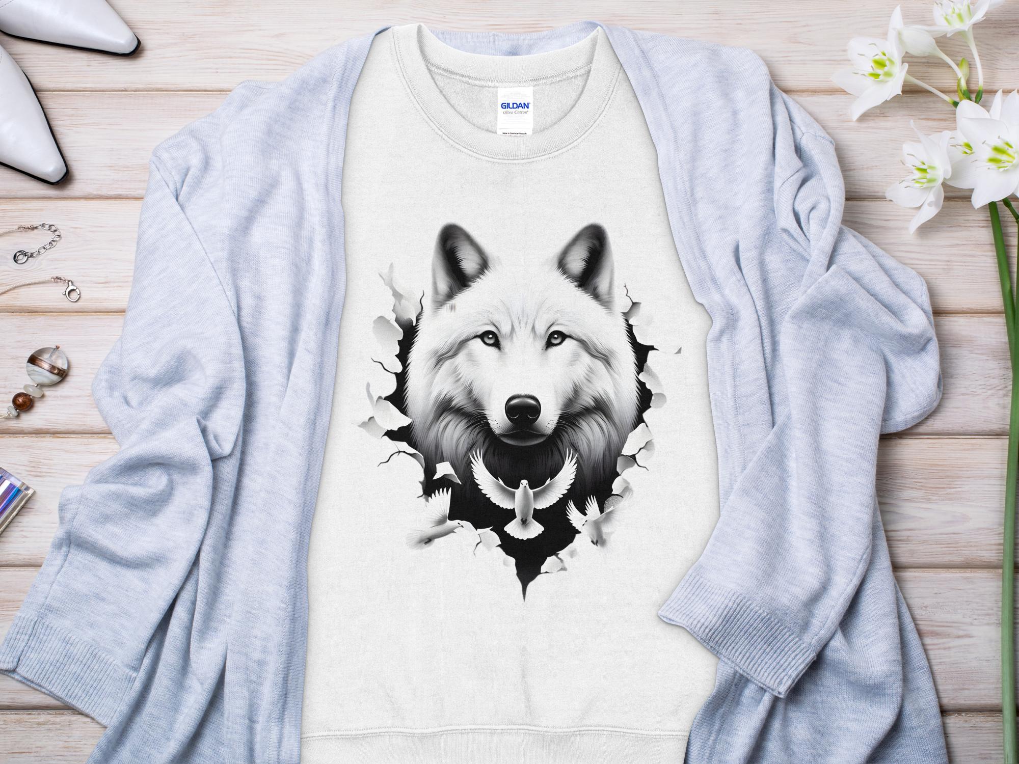 Wolf x Doves - Black White Gildan Sweatshirt Realistic Animal Talisman Unisex Tee Graphic Design