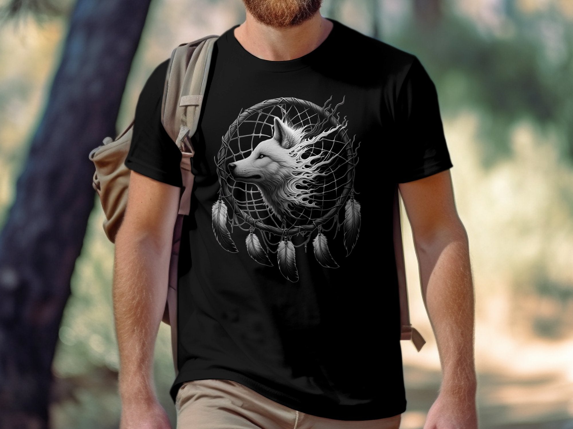 Dreamcatcher Wolf - Coloured Gildan T-Shirt Realistic Native American Talisman Unisex Mythology Tee Graphic Design