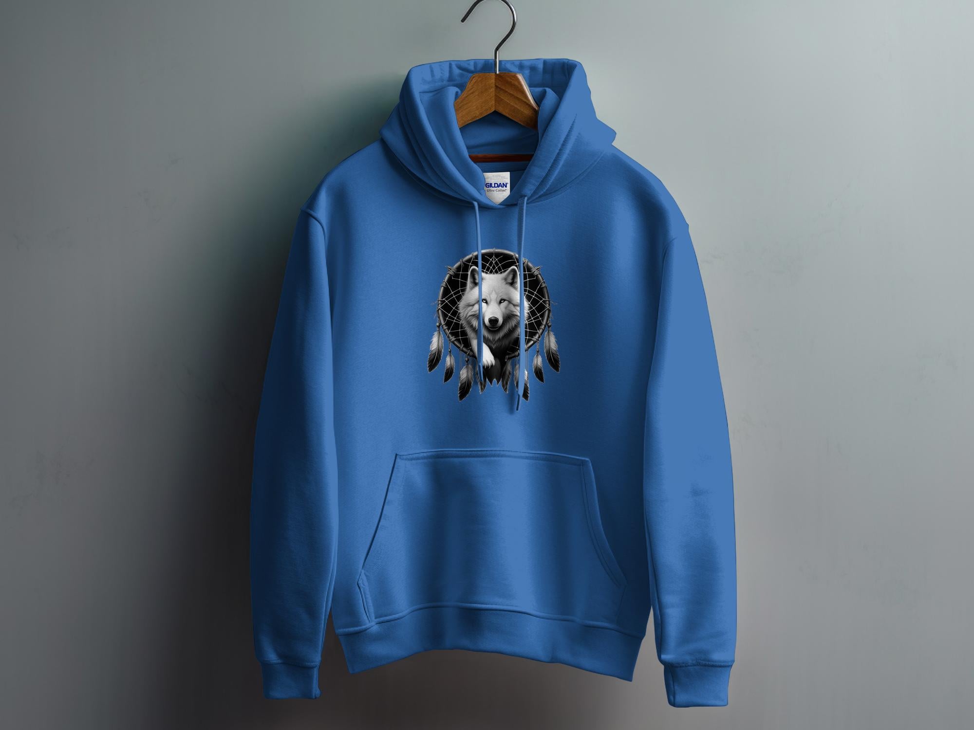 Dreamcatcher Wolf - Coloured Gildan Hoodie Realistic Native American Talisman Unisex Mythology Tee Graphic Design