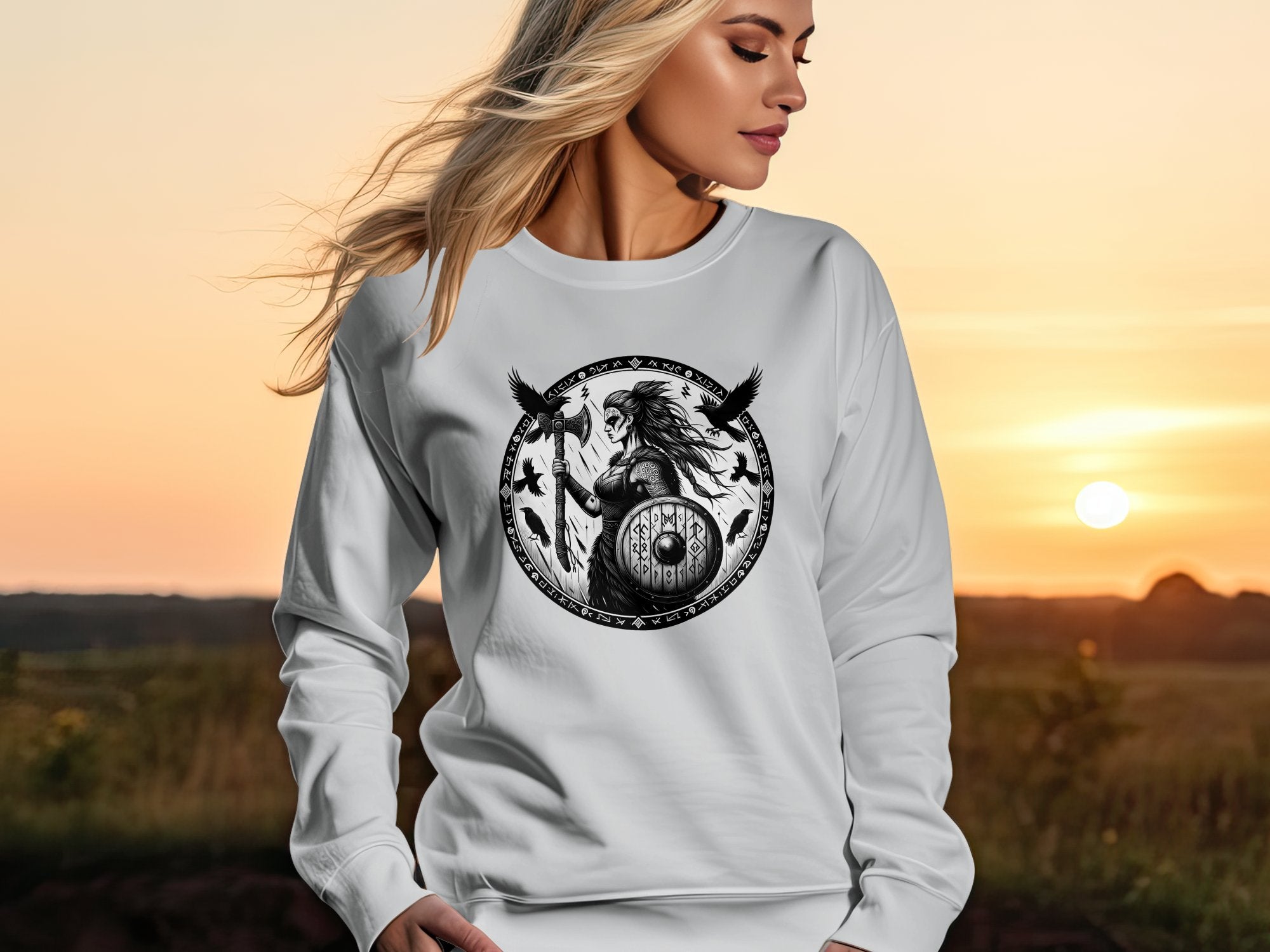 Viking Shield Maiden - Coloured Gildan Sweatshirt Realistic Norse Talisman Men Women Unisex Valhalla Tee Graphic Design