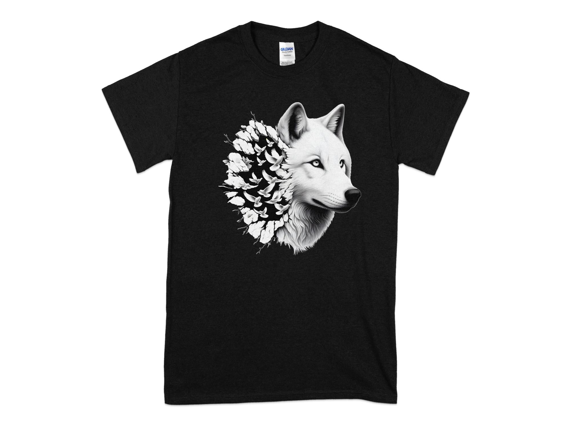 Wolf x Doves - Black White Gildan T-Shirt Realistic Animal Talisman Unisex Tee Graphic Design