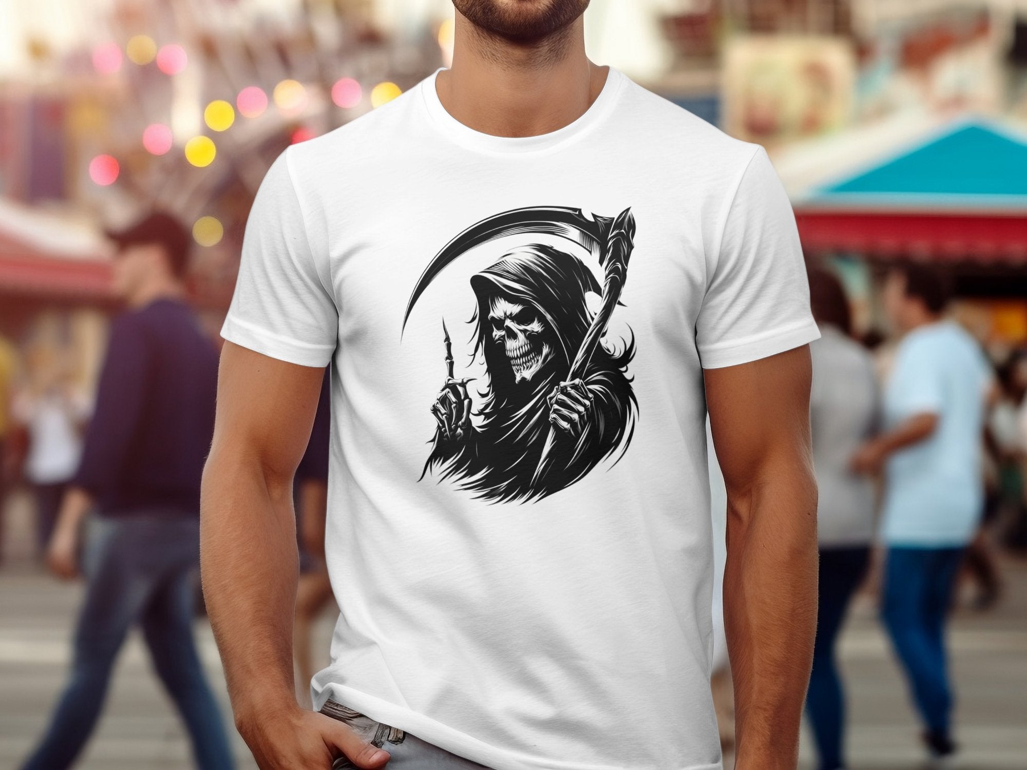 Grim Reaper - Black White Gildan T-Shirt Commemorative Talisman Unisex Tee Graphic Design