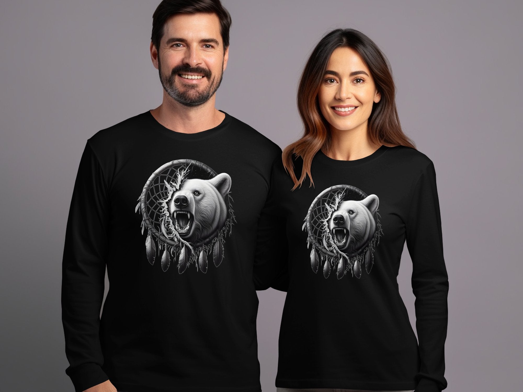 Dreamcatcher Bear - Coloured Gildan Long Sleeve Realistic Native American Talisman Unisex Mythology Tee Graphic Design