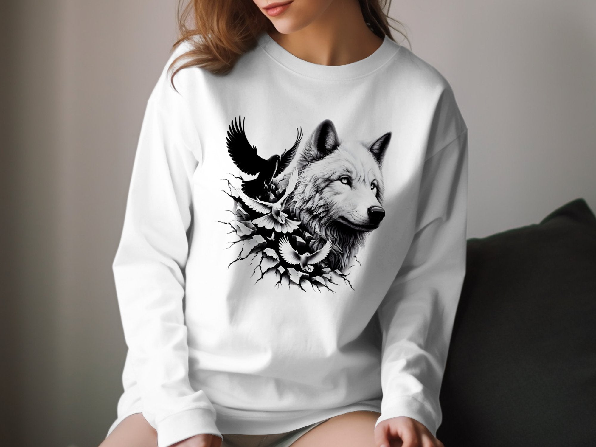 Wolf x Doves - Black White Gildan Long Sleeve Realistic Animal Talisman Unisex Tee Graphic Design