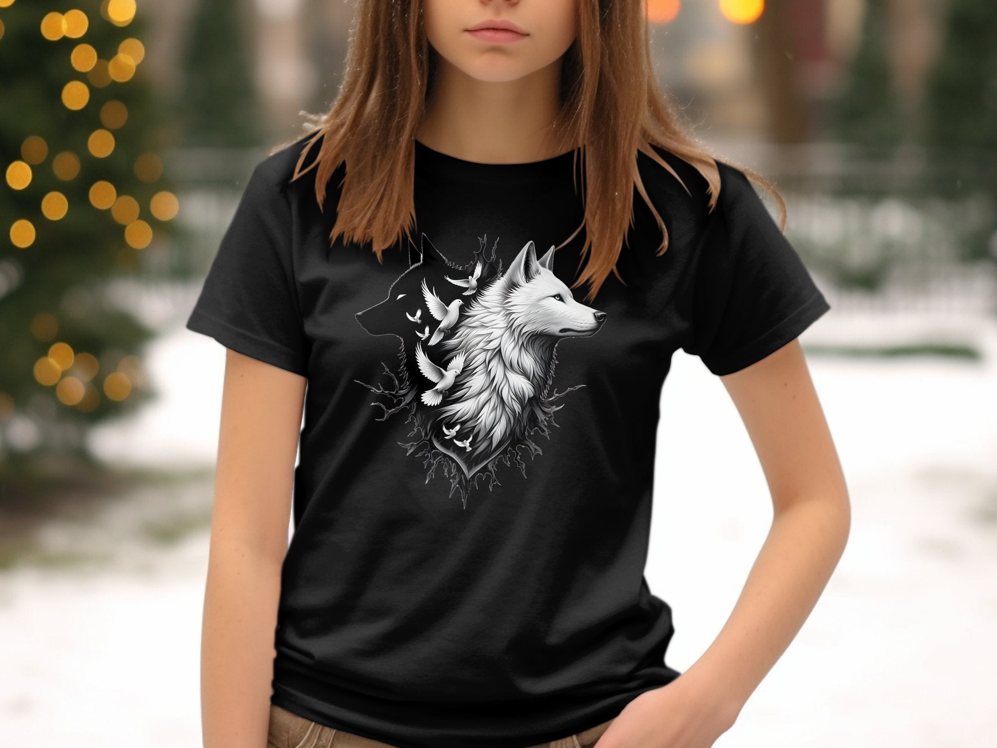 Wolf x Doves - Black White Gildan Kids T-Shirt Realistic Animal Talisman Unisex Tee Graphic Design