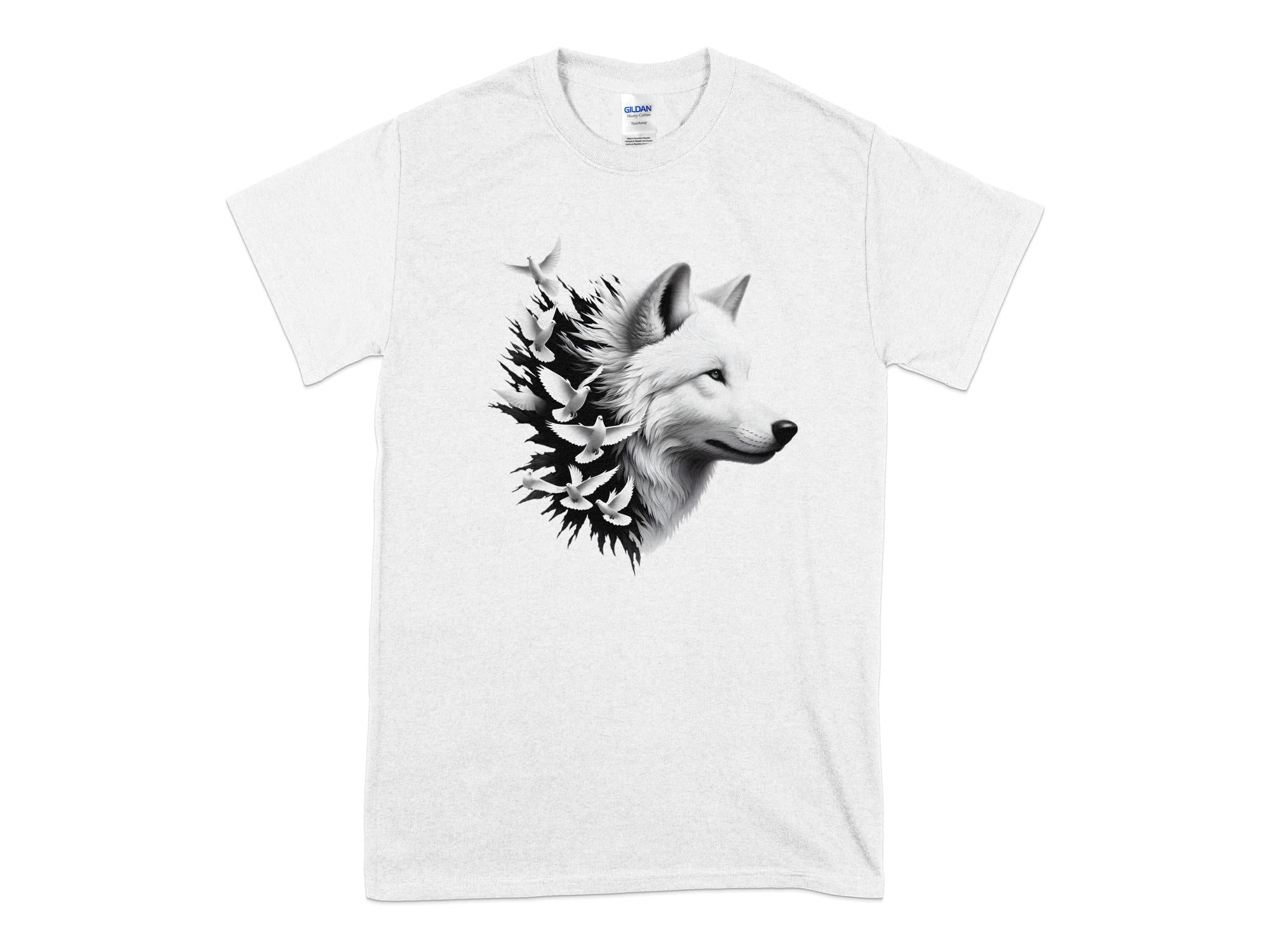 Wolf x Doves - Black White Gildan T-Shirt Realistic Animal Talisman Unisex Tee Graphic Design