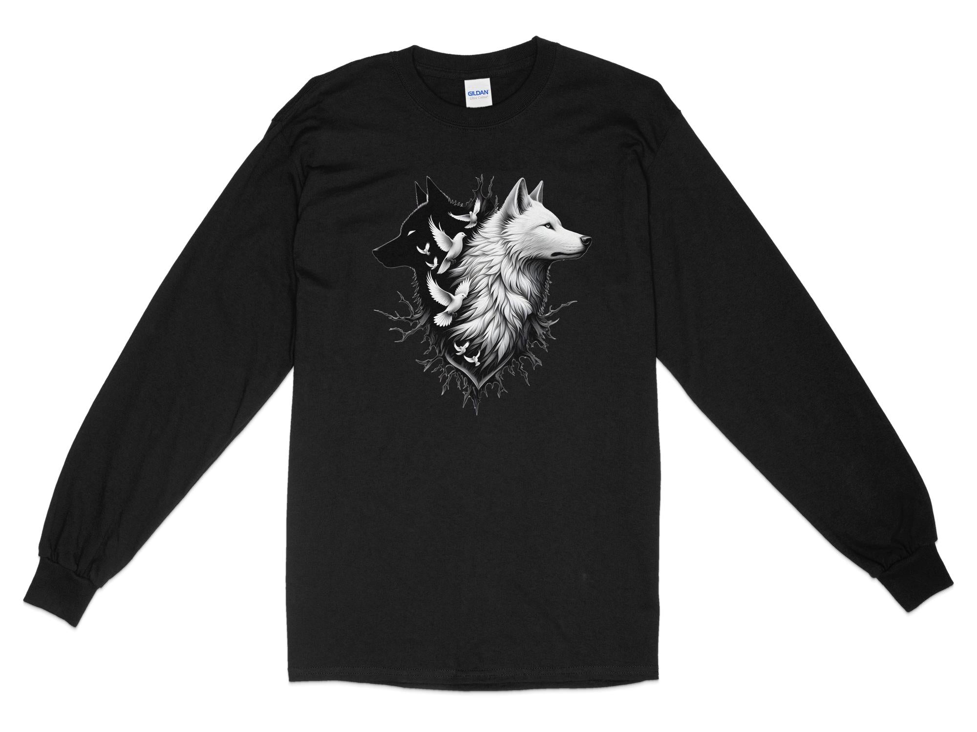 Wolf x Doves - Black White Gildan Long Sleeve Realistic Animal Talisman Unisex Tee Graphic Design