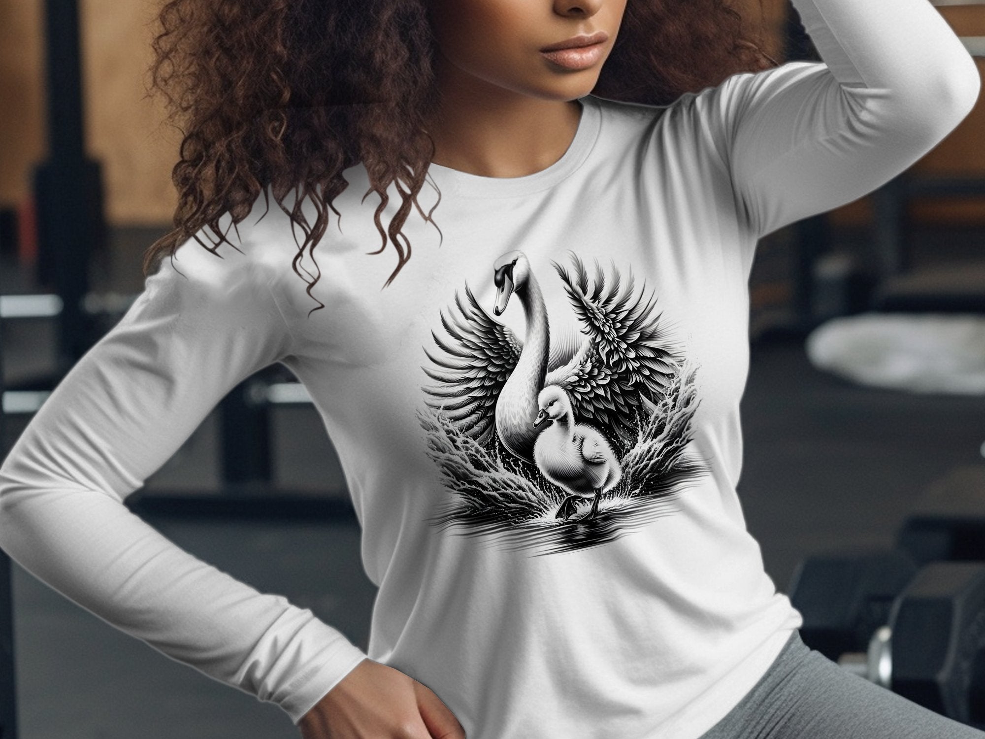 Swan & Cygnet- Black White Gildan Long Sleeve Realistic Family Talisman Unisex Tee Graphic Design