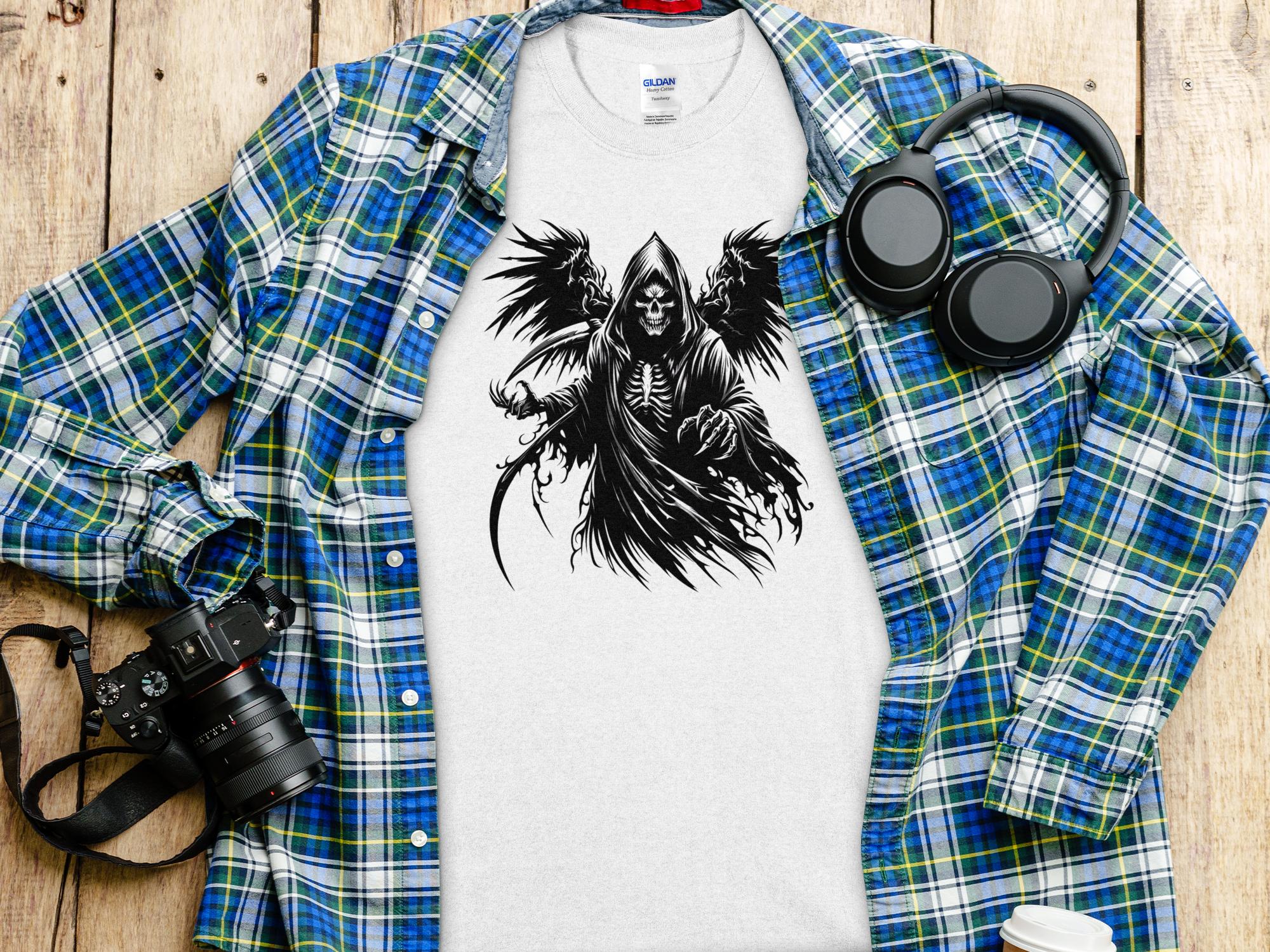 Grim Reaper - Black White Gildan T-Shirt Commemorative Talisman Unisex Tee Graphic Design