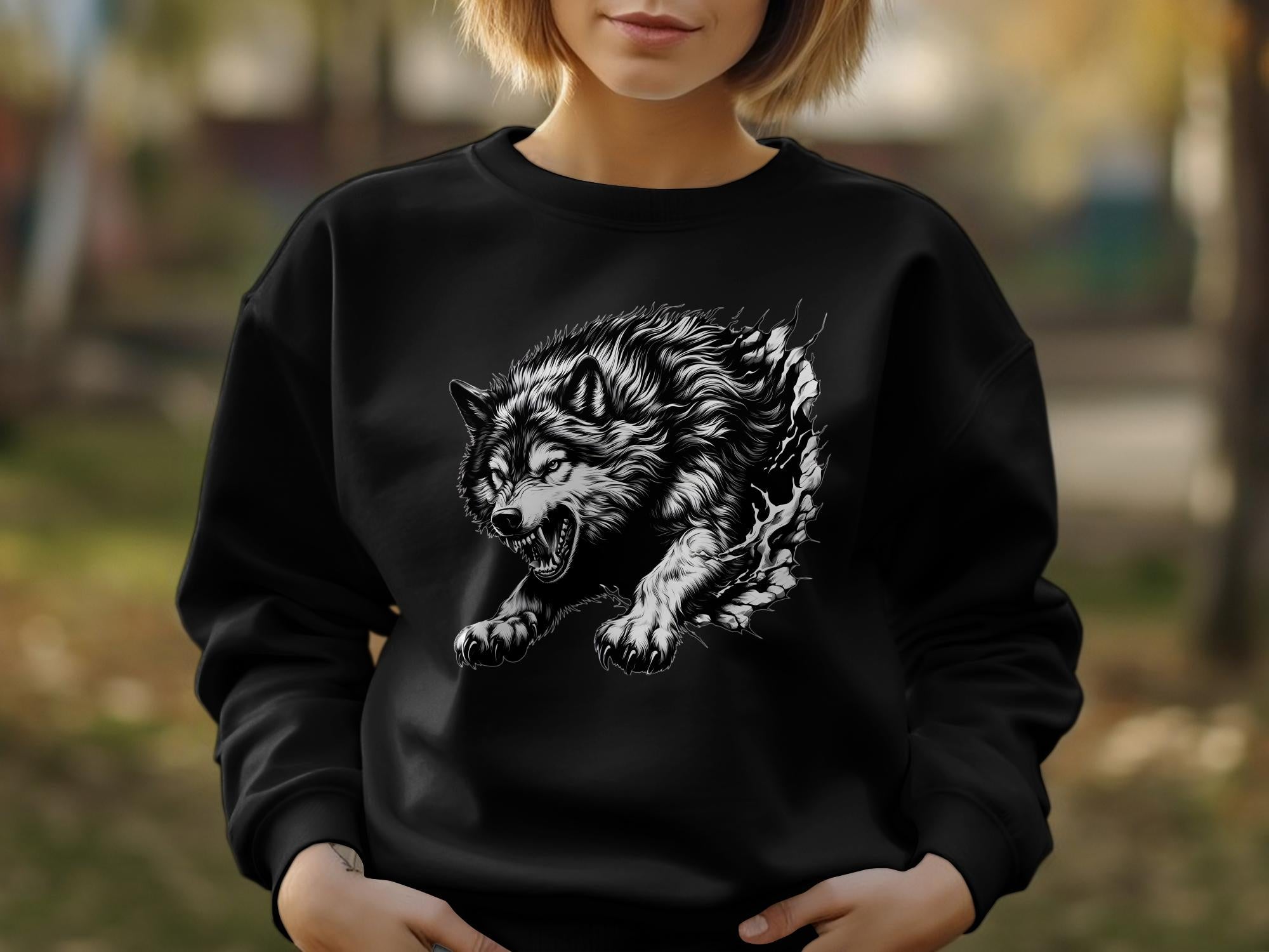 Wolf Tribal - Black White Gildan Sweatshirt Realistic Animal Talisman Unisex Tee Graphic Design