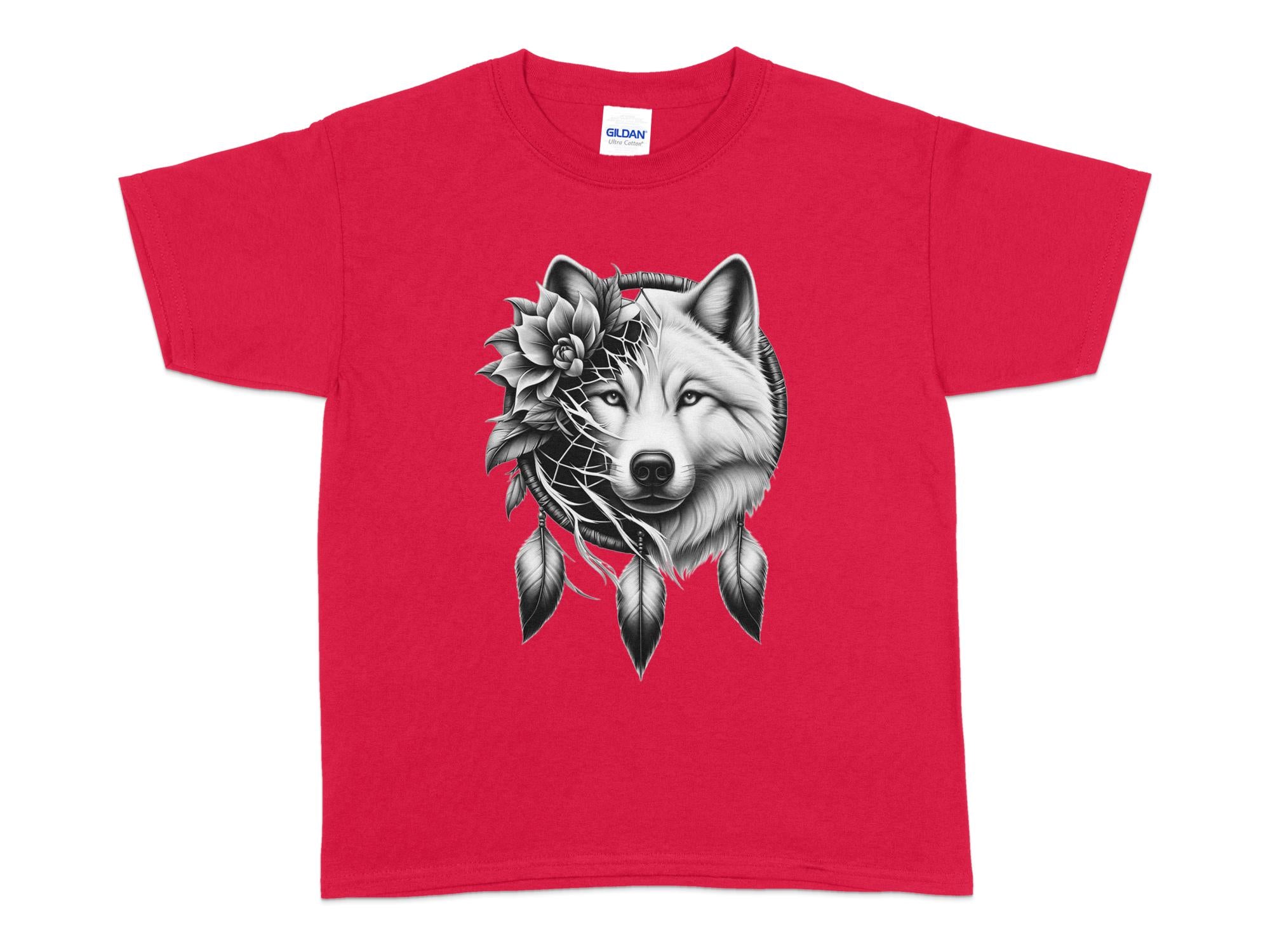 Dreamcatcher Wolf - Coloured Gildan Kids T-Shirt Realistic Native American Talisman Unisex Mythology Tee Graphic Design