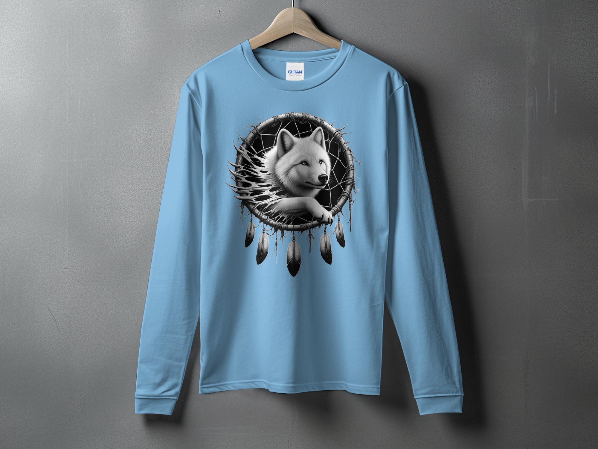 Dreamcatcher Wolf - Coloured Gildan Long Sleeve Realistic Native American Talisman Unisex Mythology Tee Graphic Design