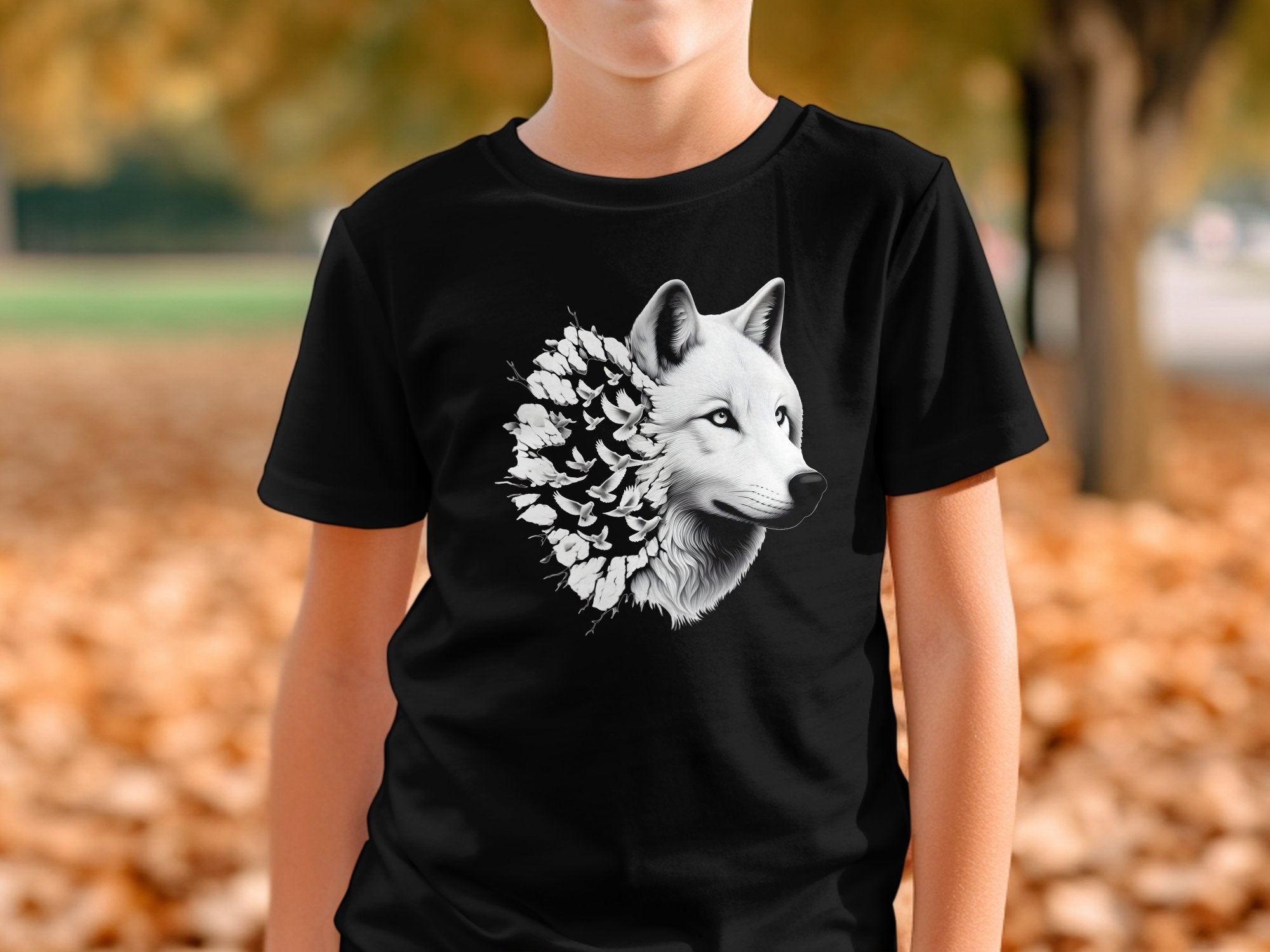 Wolf x Doves - Black White Gildan Kids T-Shirt Realistic Animal Talisman Unisex Tee Graphic Design