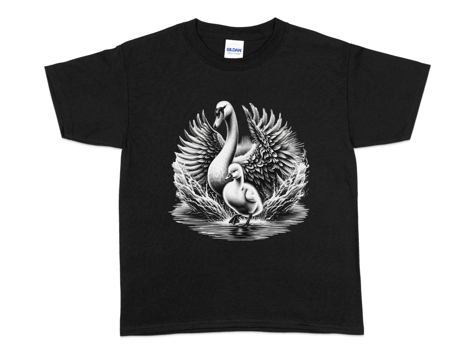 Swan & Cygnet- Black White Gildan Kids T-Shirt Realistic Family Talisman Unisex Tee Graphic Design