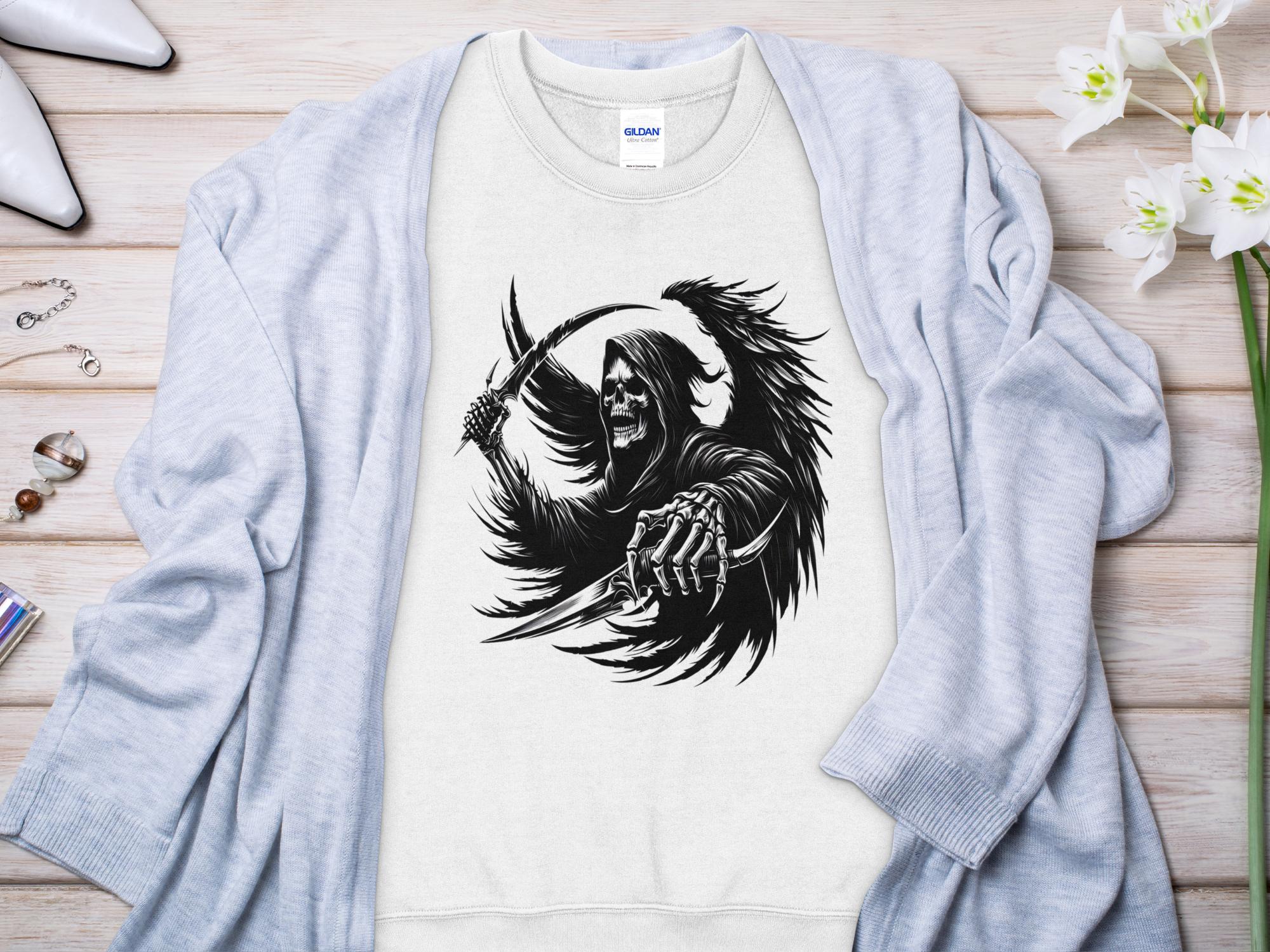 Grim Reaper - Black White Gildan Sweatshirt Commemorative Talisman Unisex Tee Graphic Design