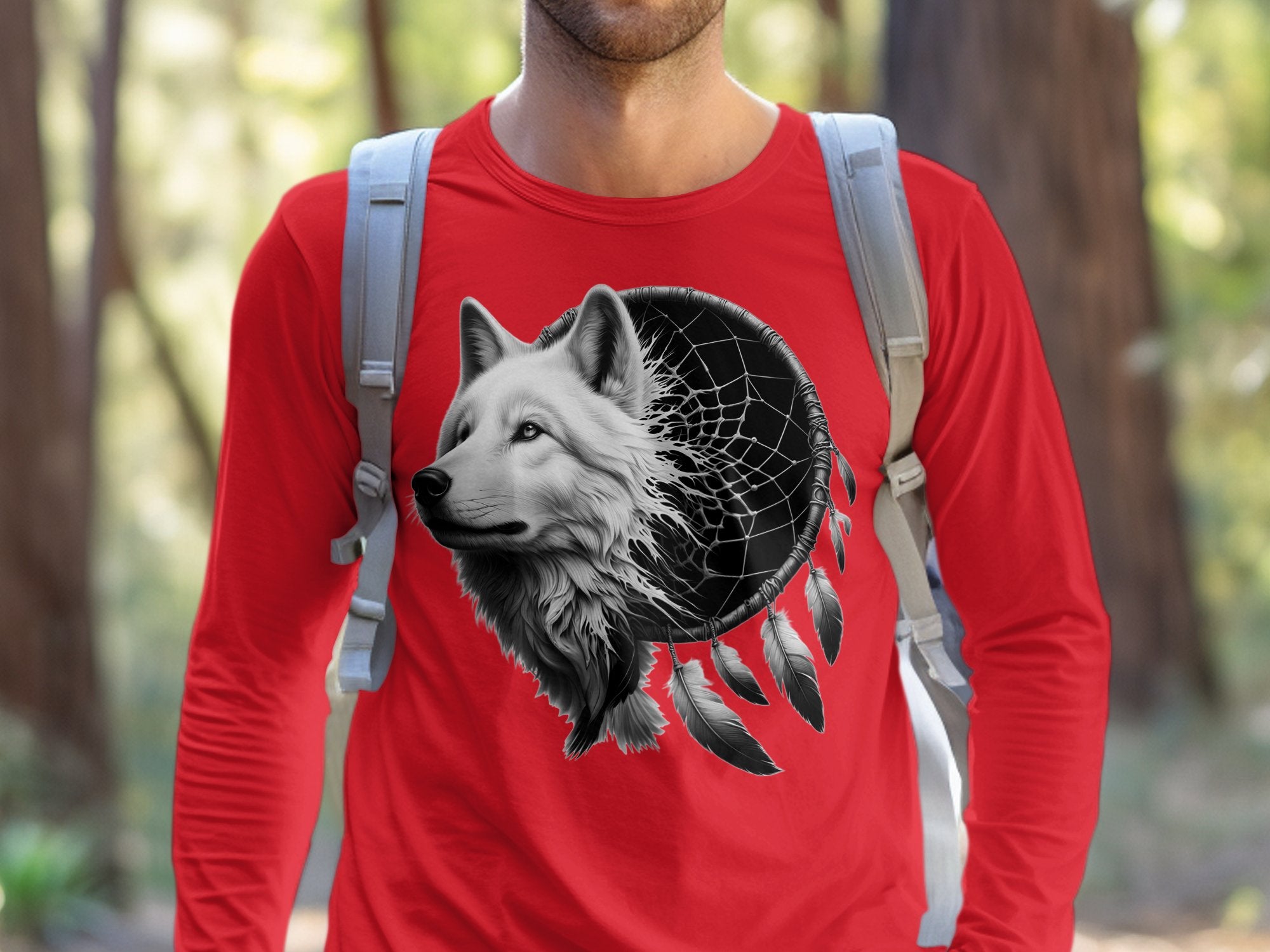 Dreamcatcher Wolf - Coloured Gildan Long Sleeve Realistic Native American Talisman Unisex Mythology Tee Graphic Design