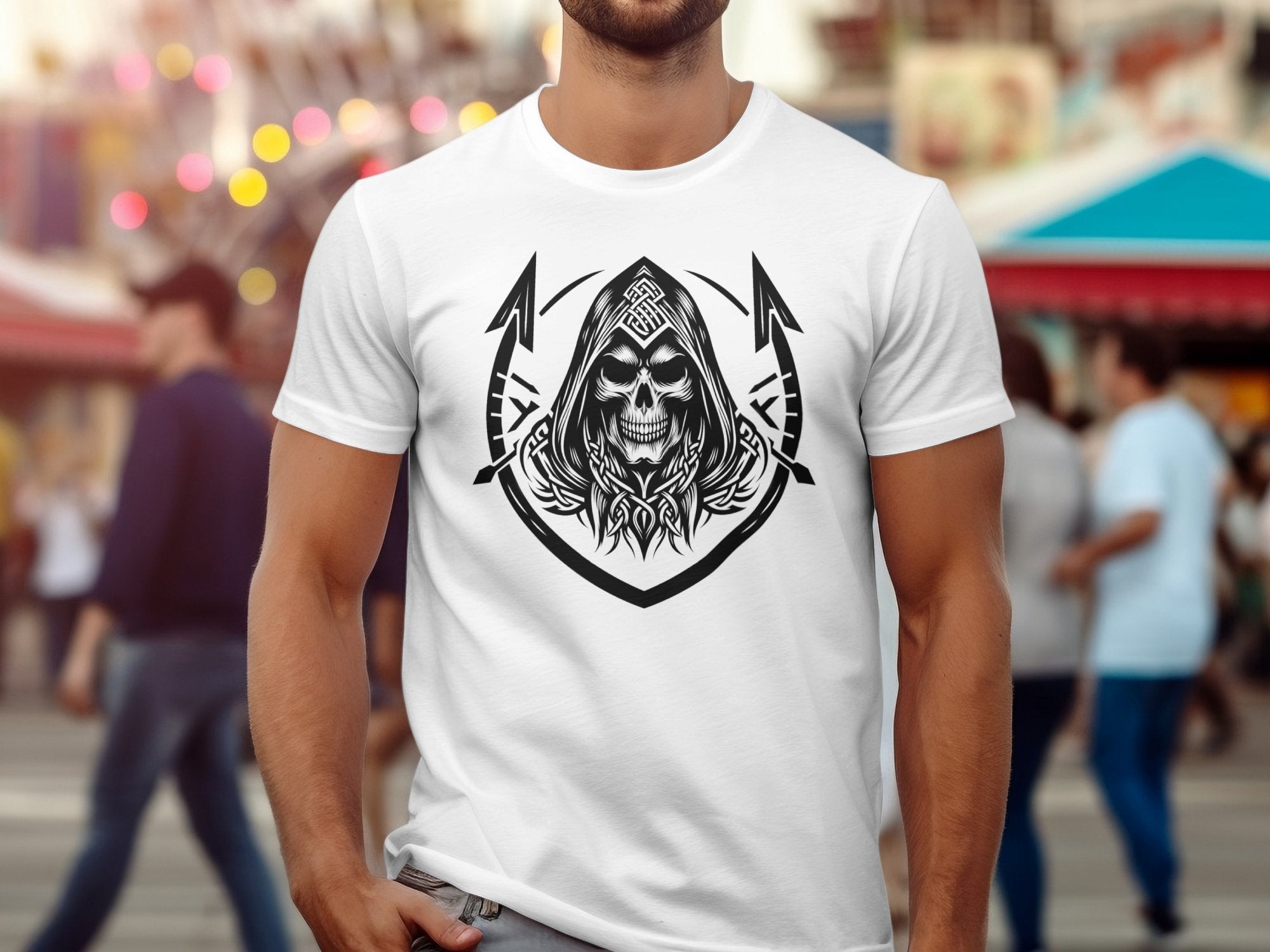 Grim Reaper - Black White Gildan T-Shirt Commemorative Talisman Unisex Tee Graphic Design