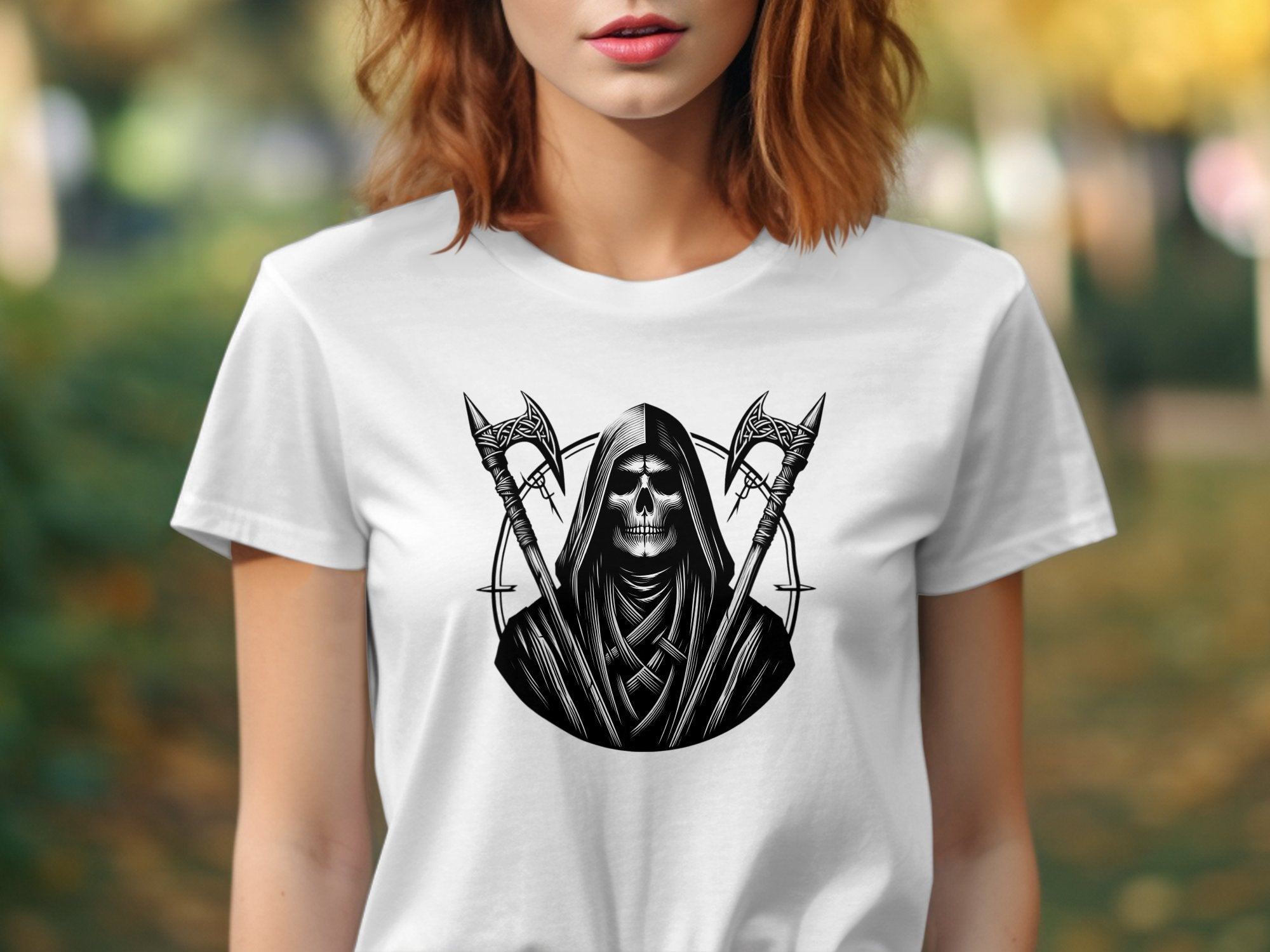 Grim Reaper - Black White Gildan T-Shirt Commemorative Talisman Unisex Tee Graphic Design