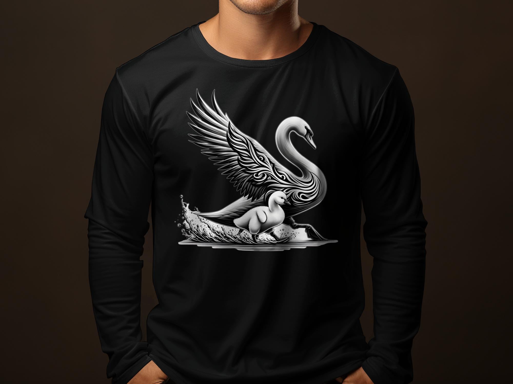 Swan & Cygnet- Black White Gildan Long Sleeve Realistic Family Talisman Unisex Tee Graphic Design