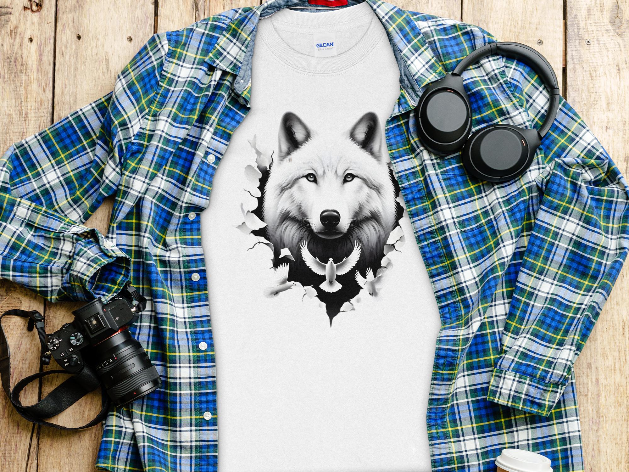 Wolf x Doves - Black White Gildan Long Sleeve Realistic Animal Talisman Unisex Tee Graphic Design