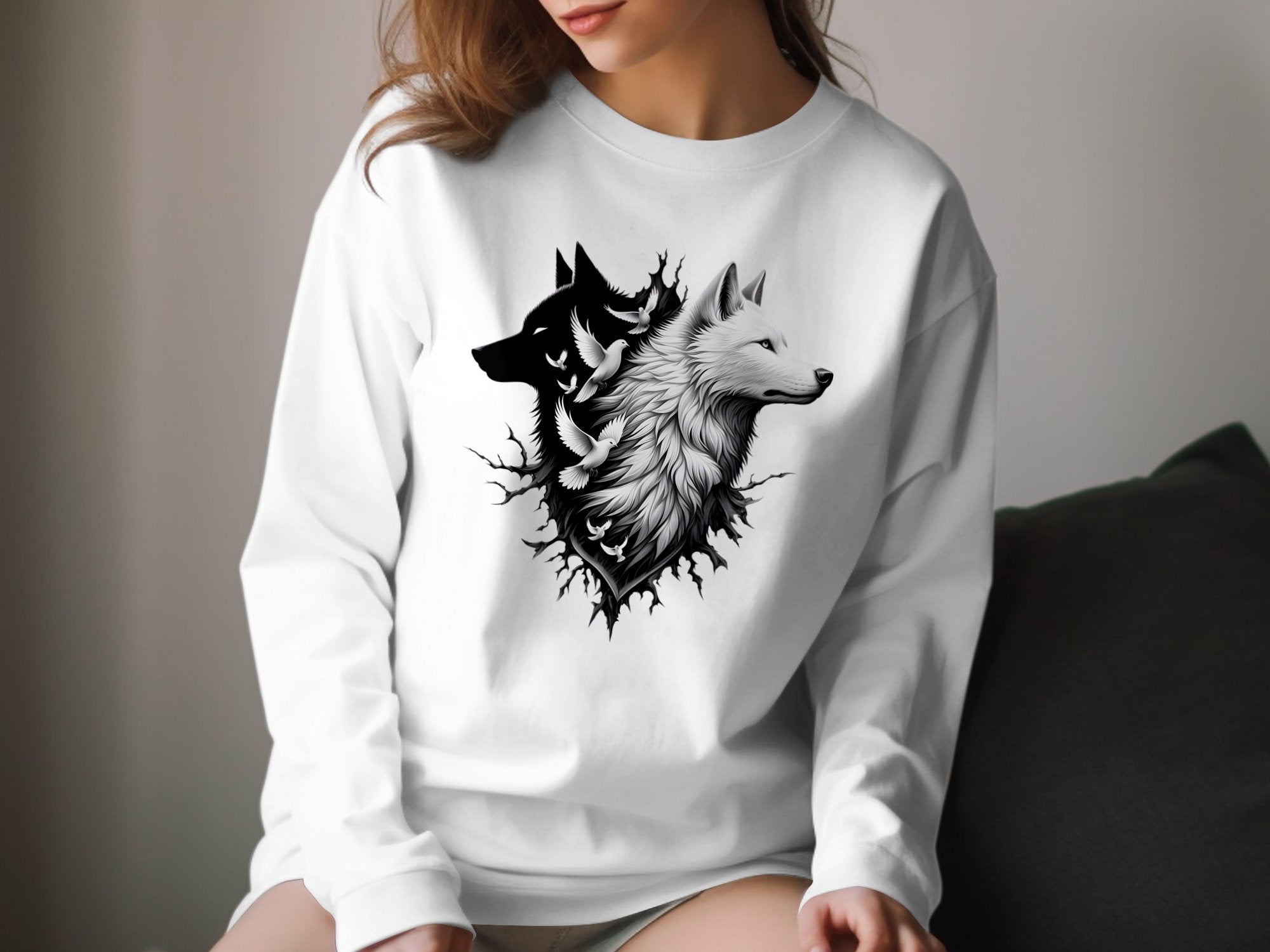 Wolf x Doves - Black White Gildan Long Sleeve Realistic Animal Talisman Unisex Tee Graphic Design