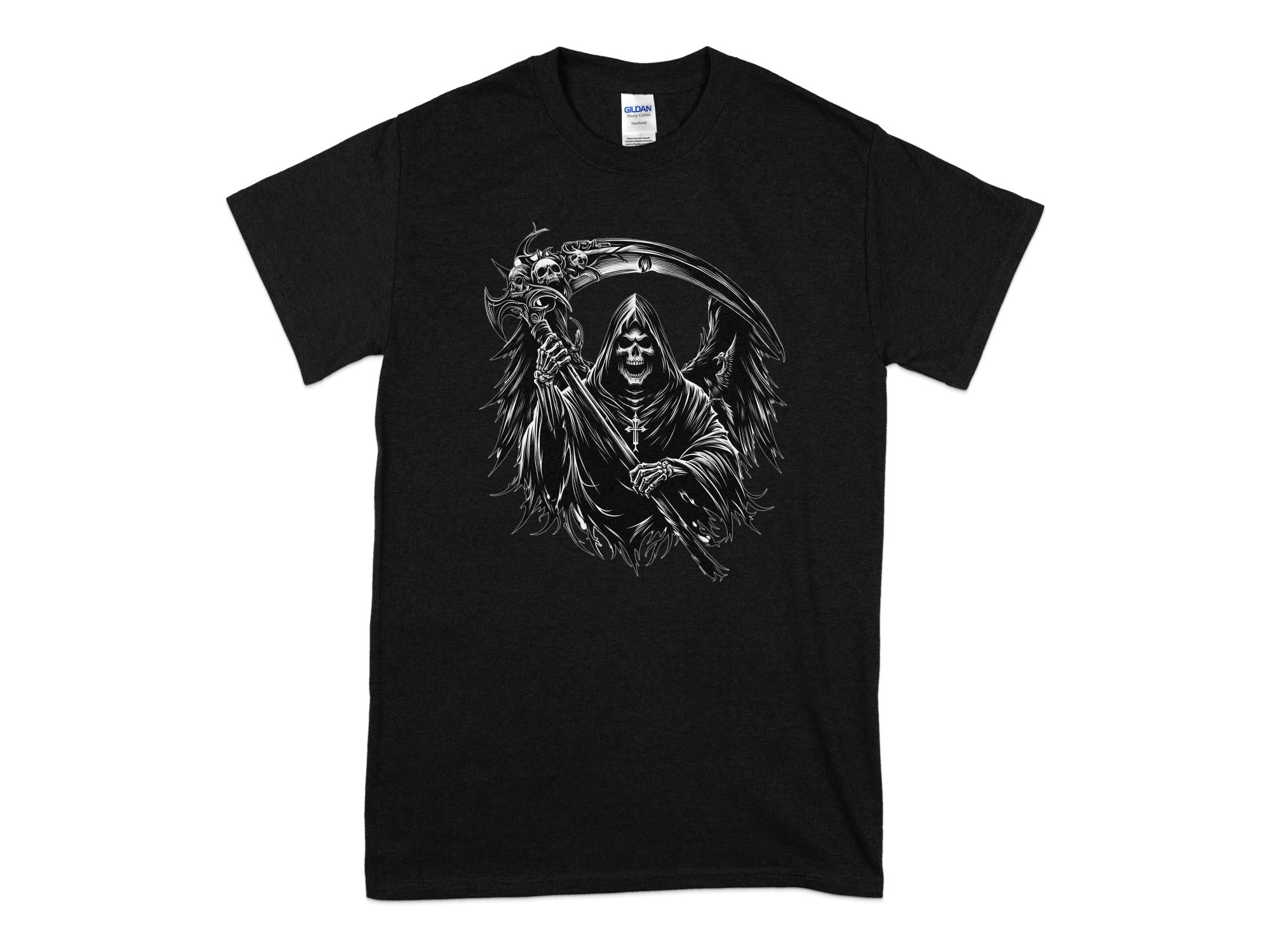 Grim Reaper - Black White Gildan T-Shirt Commemorative Talisman Unisex Tee Graphic Design