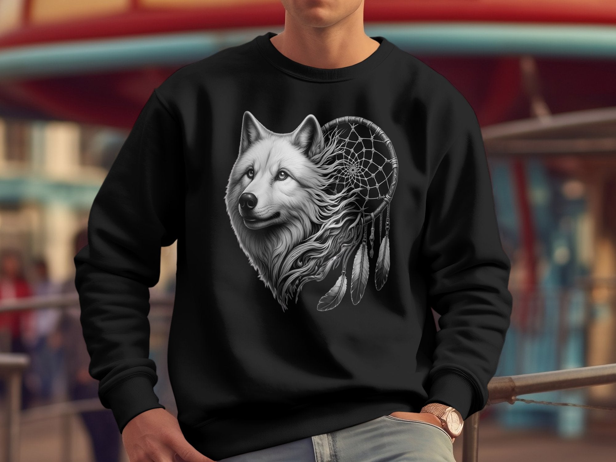 Dreamcatcher Wolf - Coloured Gildan Sweatshirt Realistic Native American Talisman Unisex Mythology Tee Graphic Design