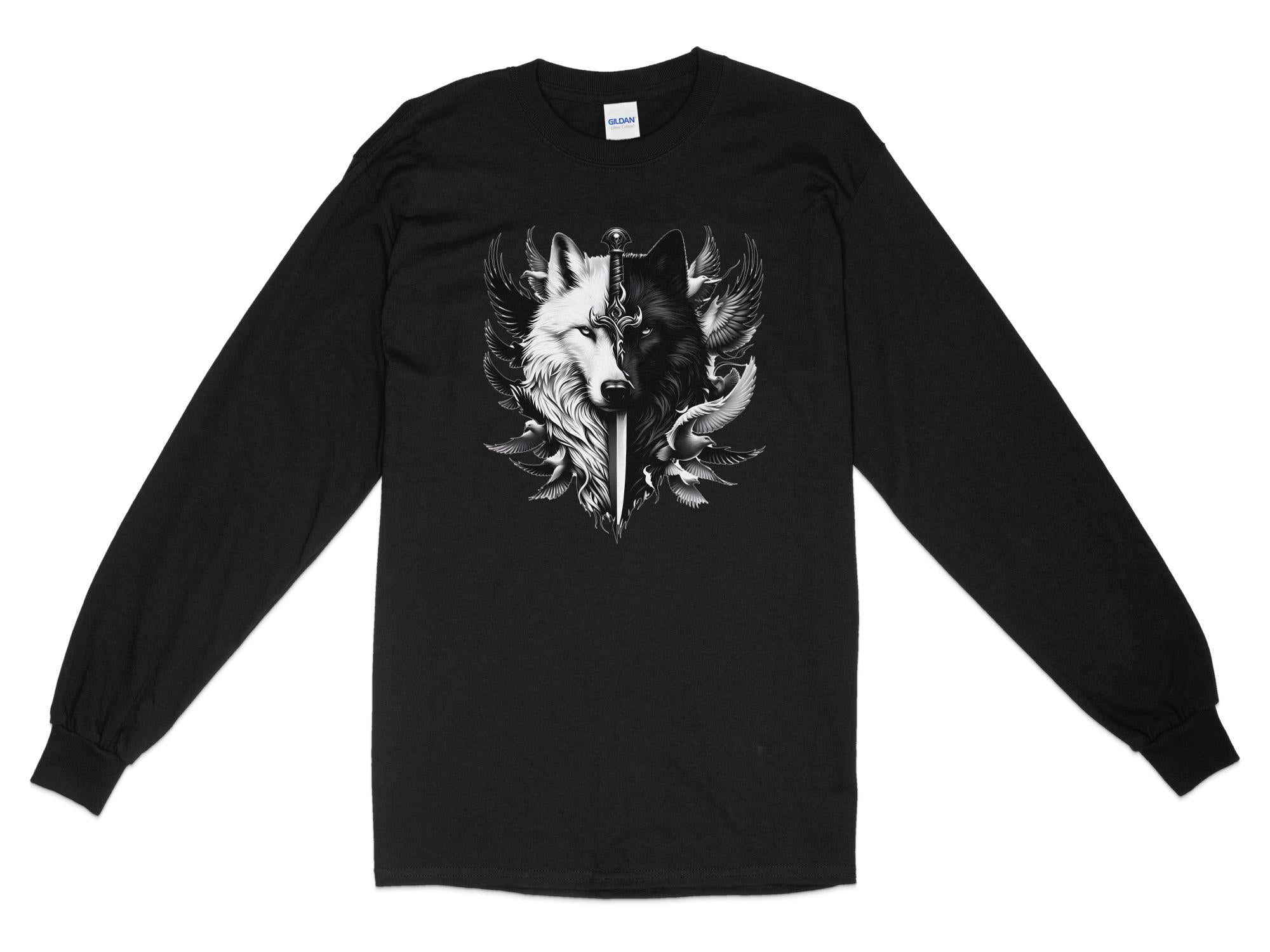 Wolf x Doves - Black White Gildan Long Sleeve Realistic Animal Talisman Unisex Tee Graphic Design